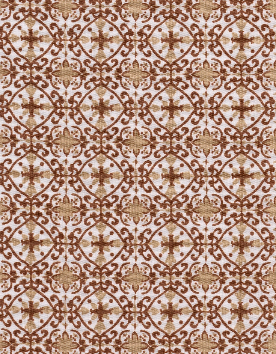 Musterstoff in Braun und Beige mit symmetrischem, floralem Design.
