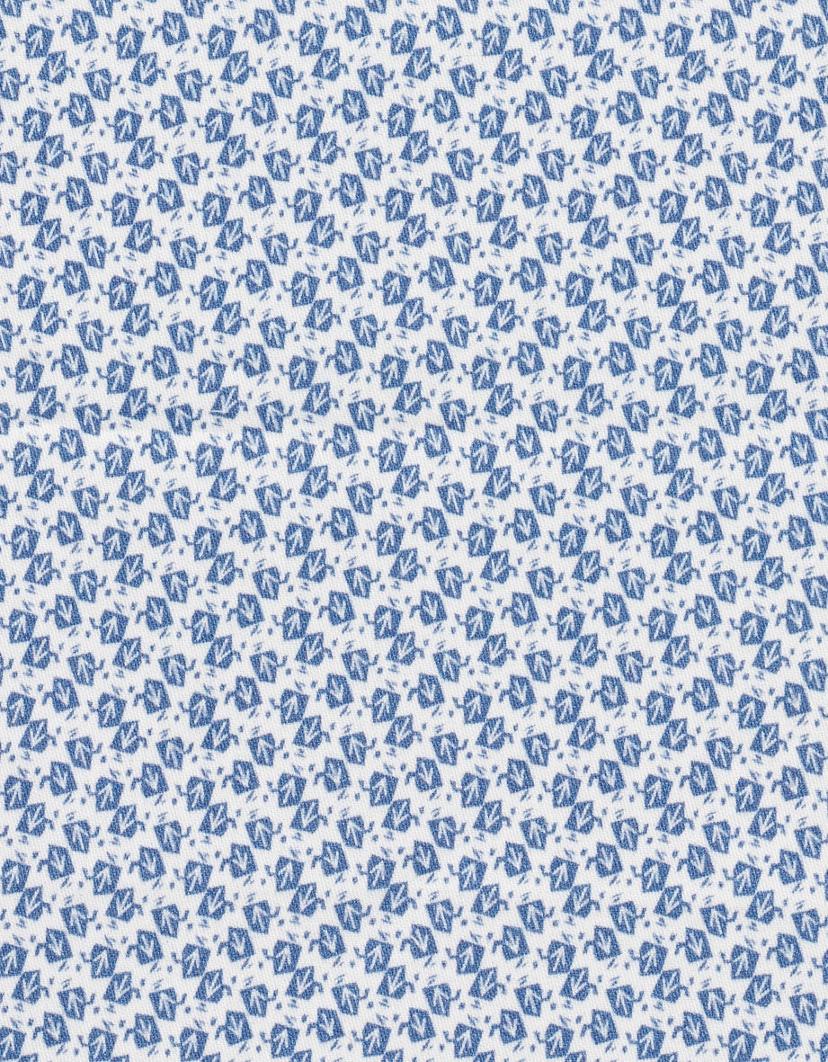 Blau-weißes Muster auf Stoff, geometrisches Design.