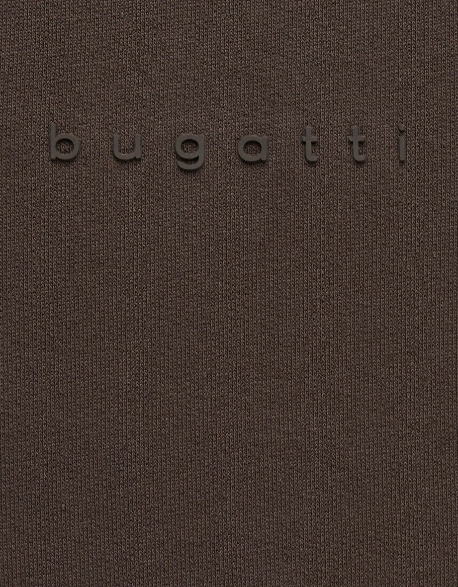Braunes Strickmuster mit "bugatti" Schriftzug in Schwarz.