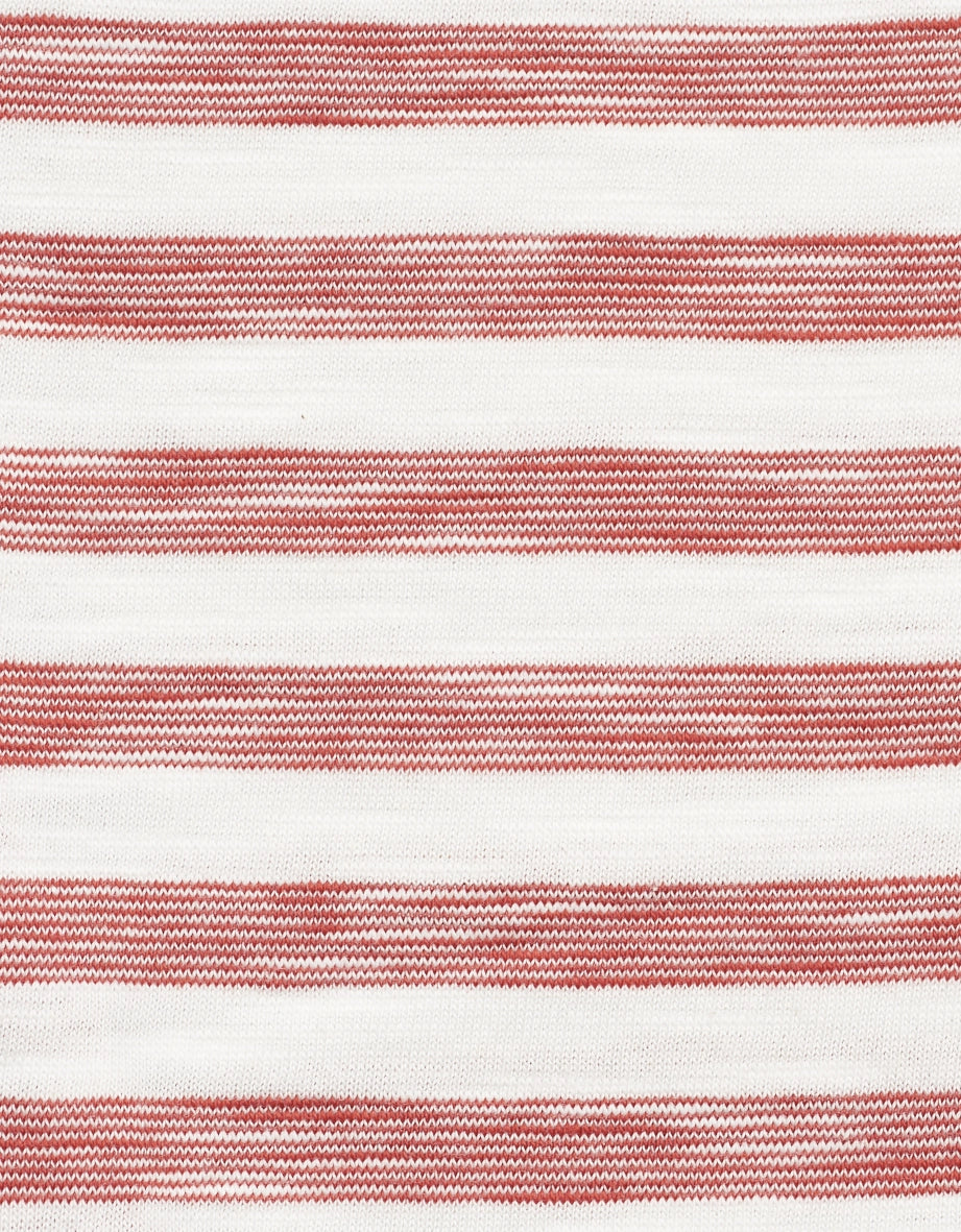 Red and white striped fabric, perfect for summer bugatti outfits, conveys ease and style.