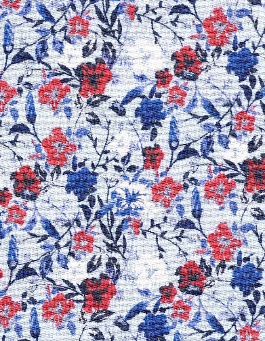 Bloemenpatroon in rood en blauw op lichte achtergrond, perfect voor bugatti-outfits.