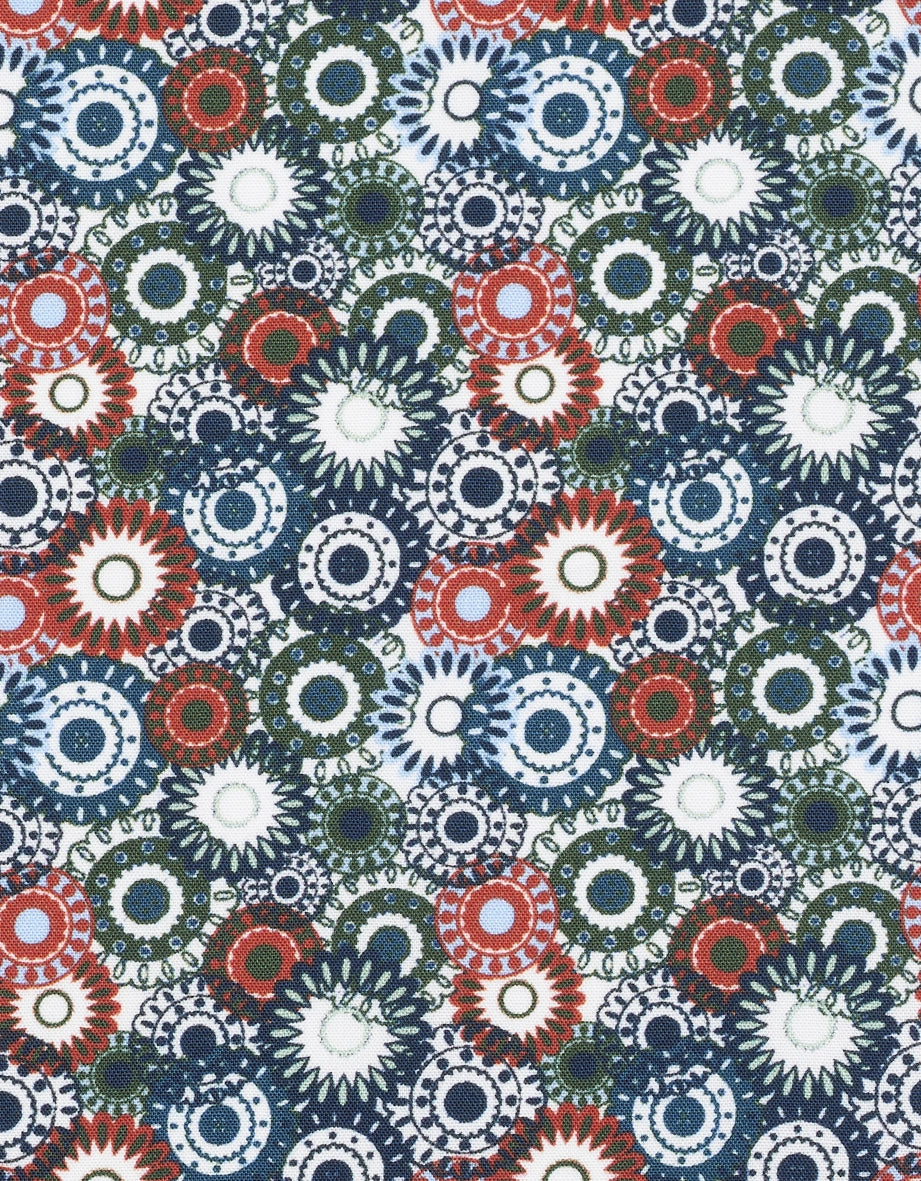 Stof met rode, blauwe, groene bloemen en geometrische patronen. Perfect voor bugatti-stijl.