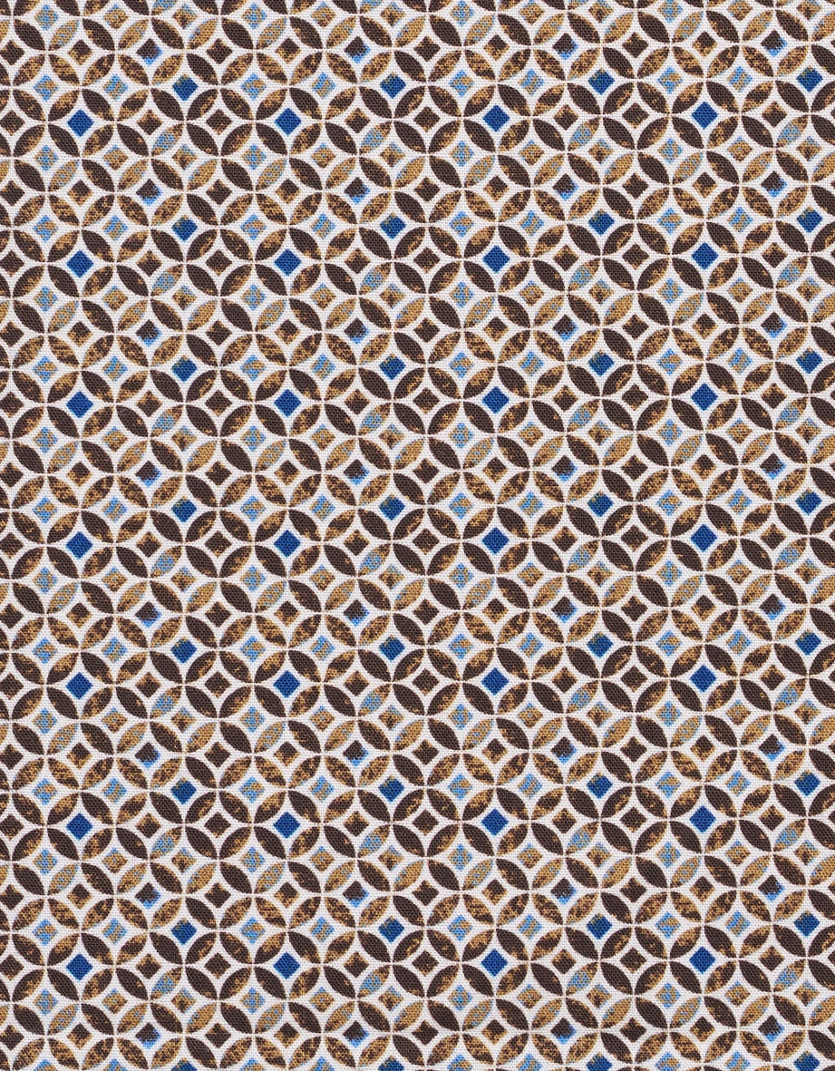 Geometric pattern in brown and blue, close-up, fabric design by bugatti.