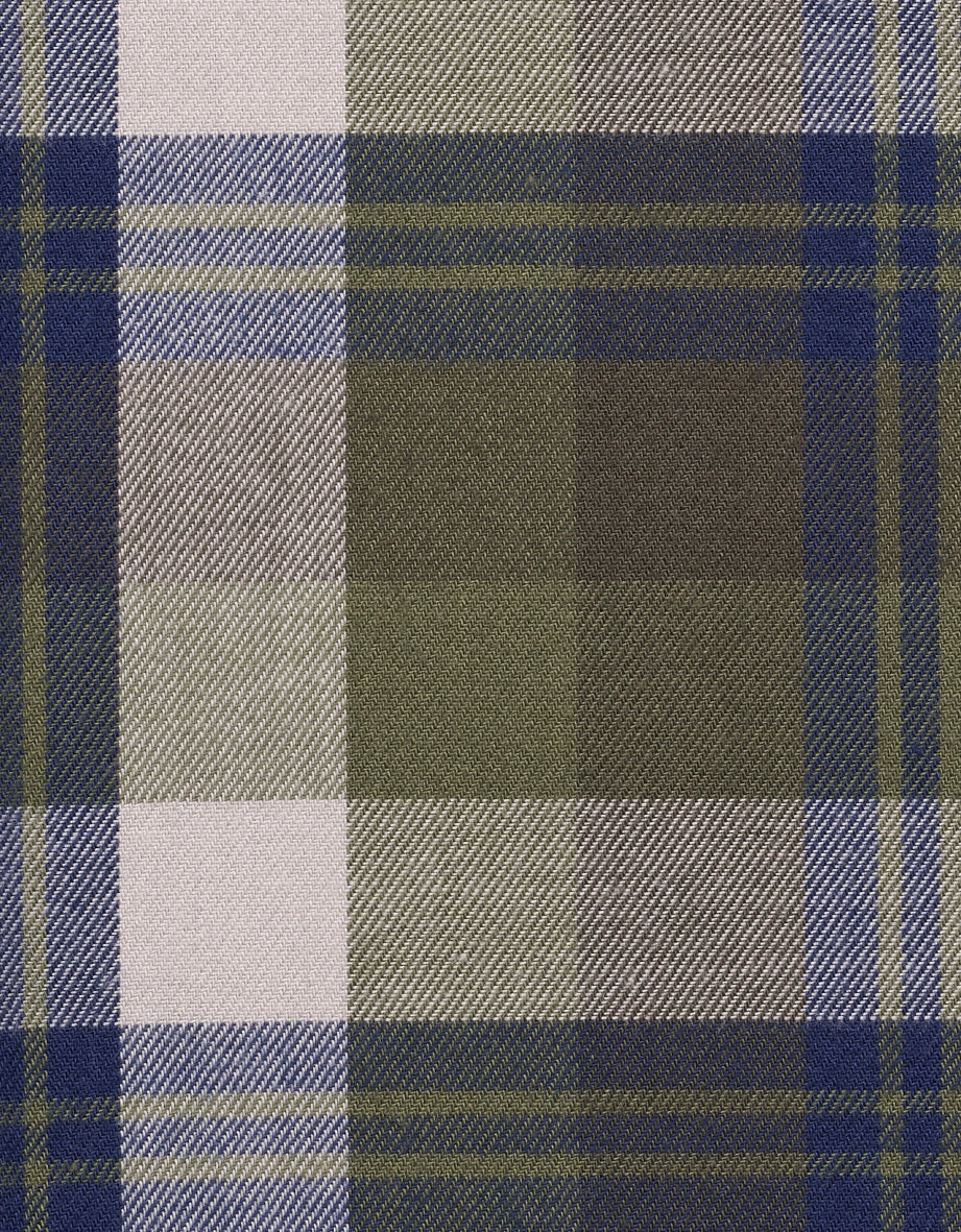 Grünes Rollkragenpullover mit kariertem Hemd in Grün-Blau-Weiß, Detailaufnahme, büstenbild.