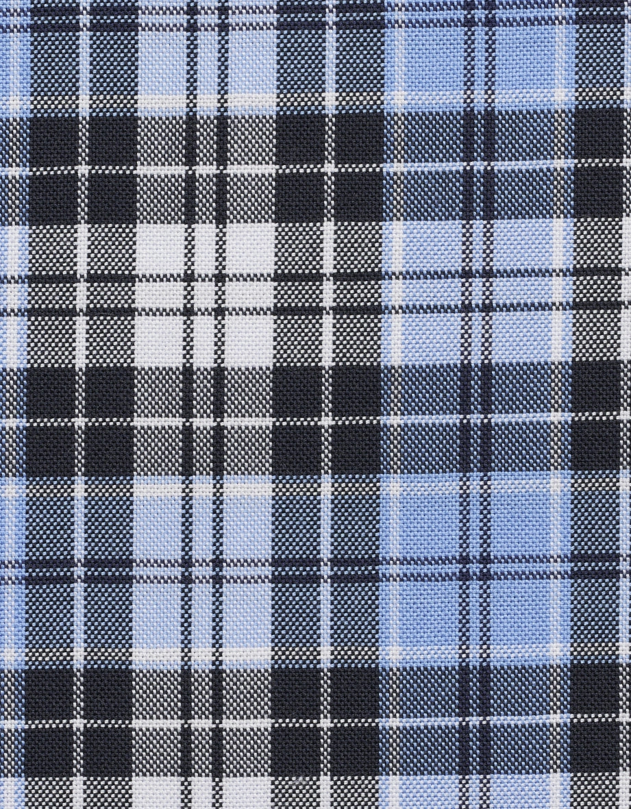 Plaid fabric pattern in black, blue, and white by bugatti.