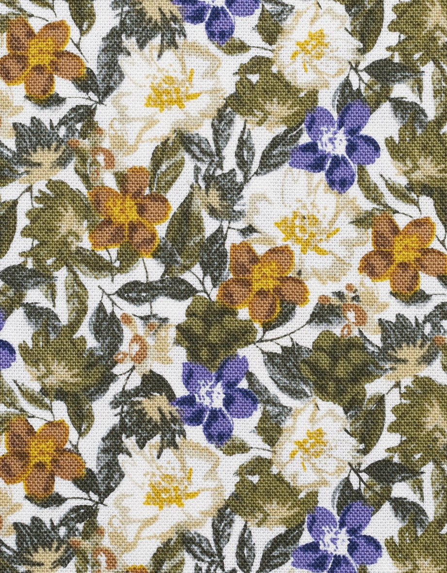 Blumenmusterstoff in Gelb, Lila und Grün