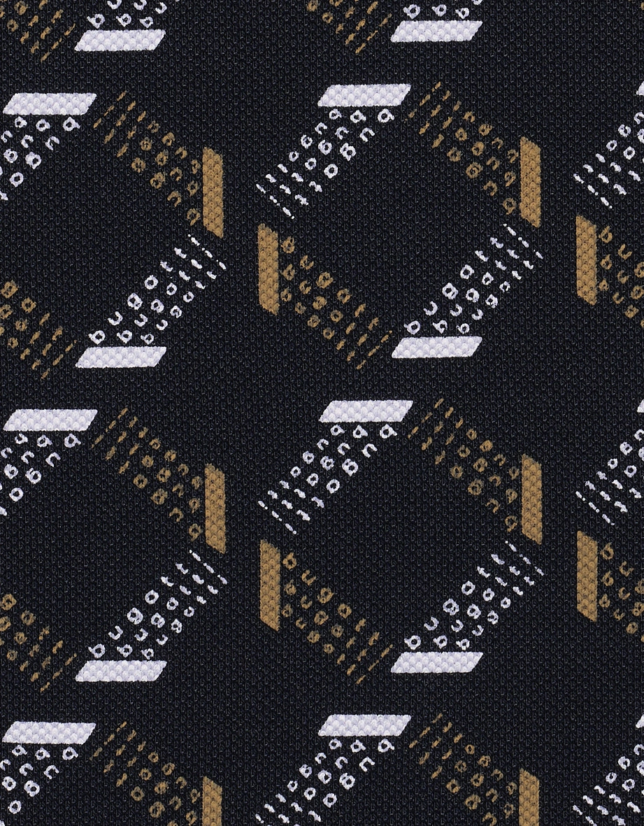 Stoffmuster mit geometrischem Design in Schwarz, Weiß und Braun, mit "bugatti"-Schriftzug.
