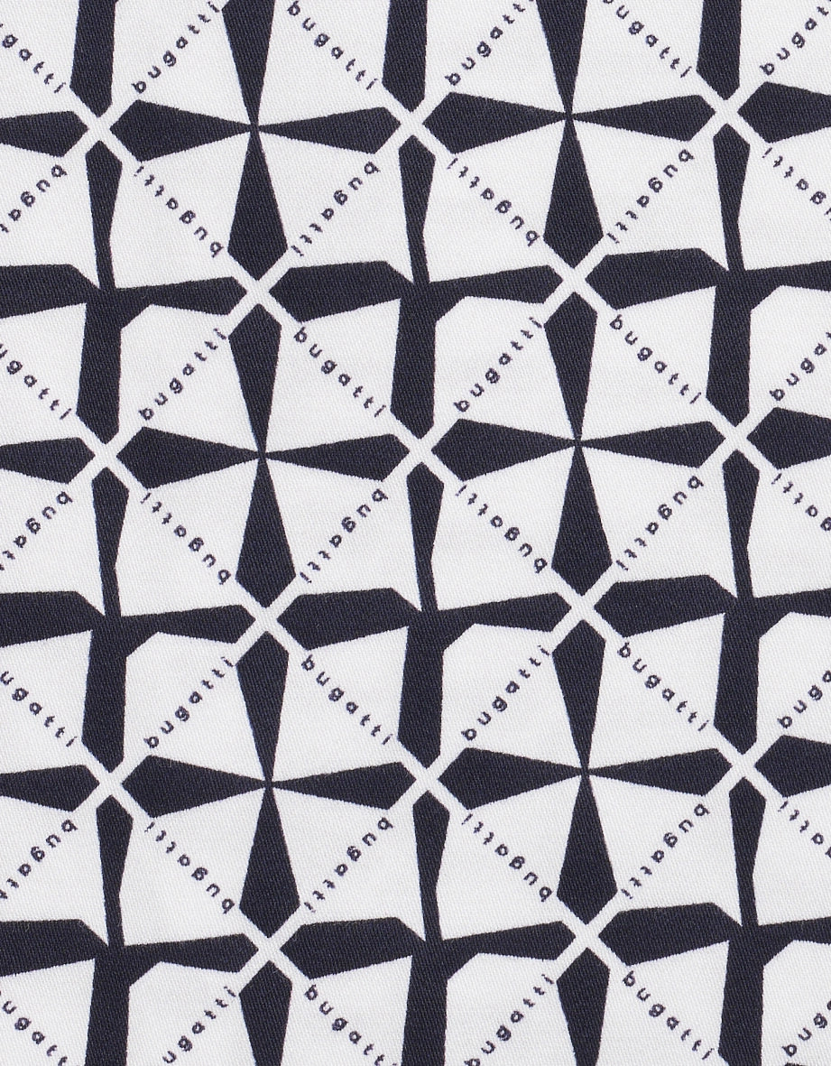 Schwarz-weißes bugatti-Musterdesign mit geometrischen Formen und stilvollem Schriftzug.