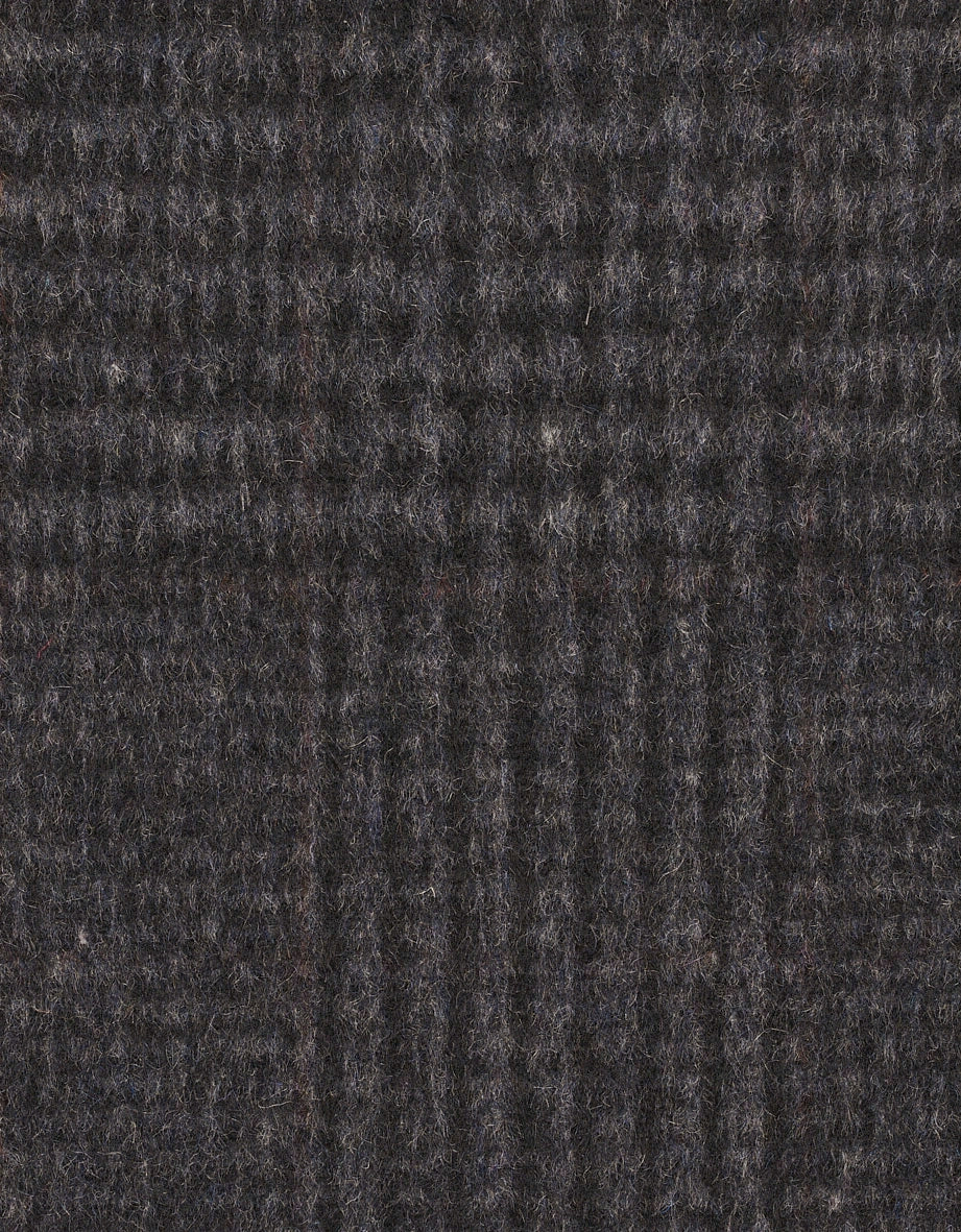 Dunkelgrauer Karostoff aus Wolle, Detailaufnahme, elegant und zeitlos für bugatti Outfits.