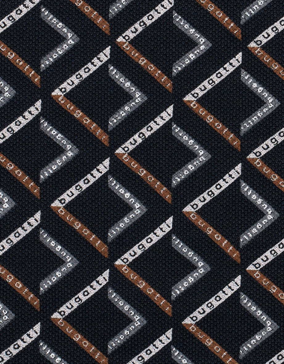 Musterdesign mit bugatti-Logo in Schwarz, Weiß und Braun.