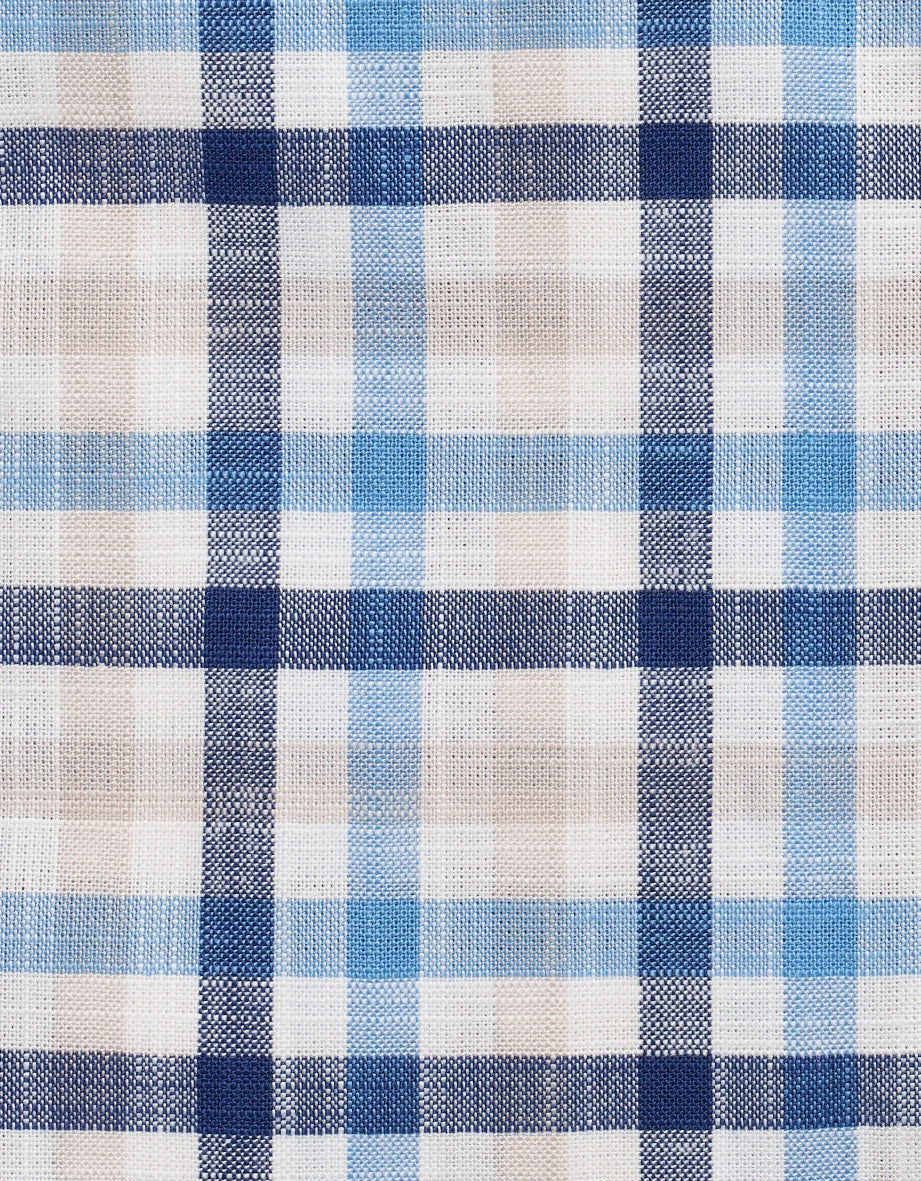 Kariertes Muster in Blau und Weiß, Stoffdetail.