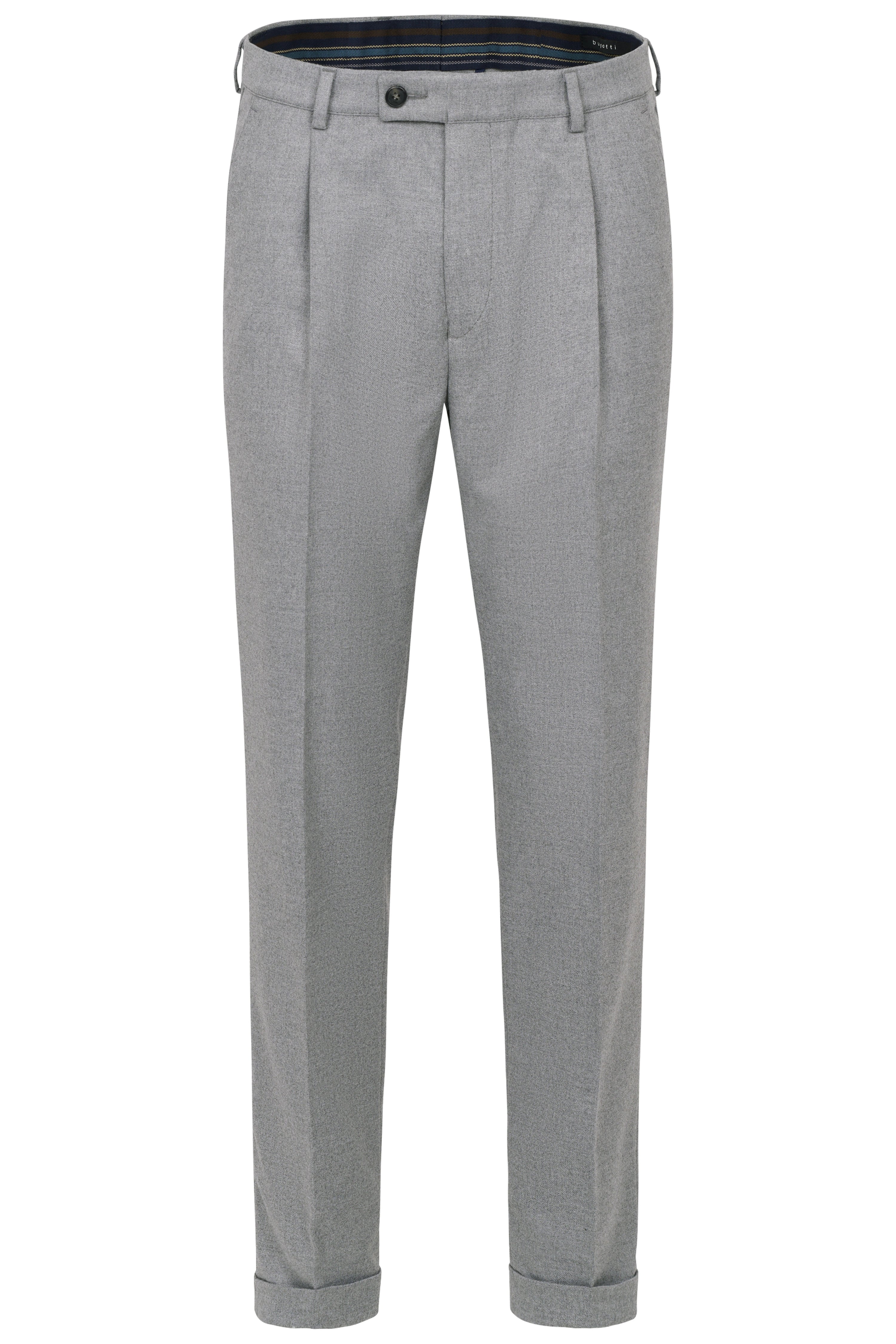 Gray bugatti suit pants, bust view, timeless elegance with pleats, high-quality materials, perfect fit.