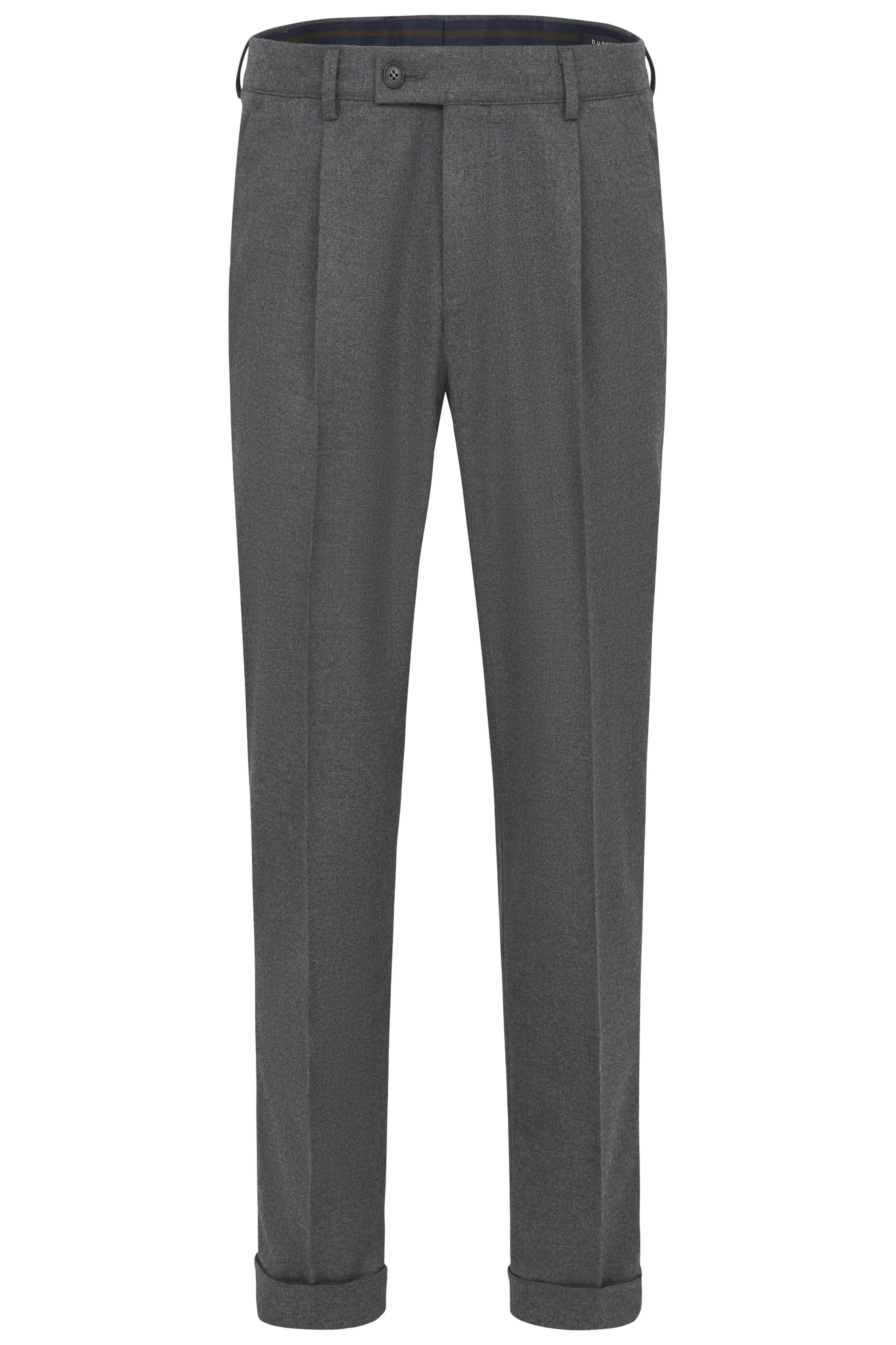 Gray bugatti suit trousers with cuffs, detail view. Elegant texture, classic style.