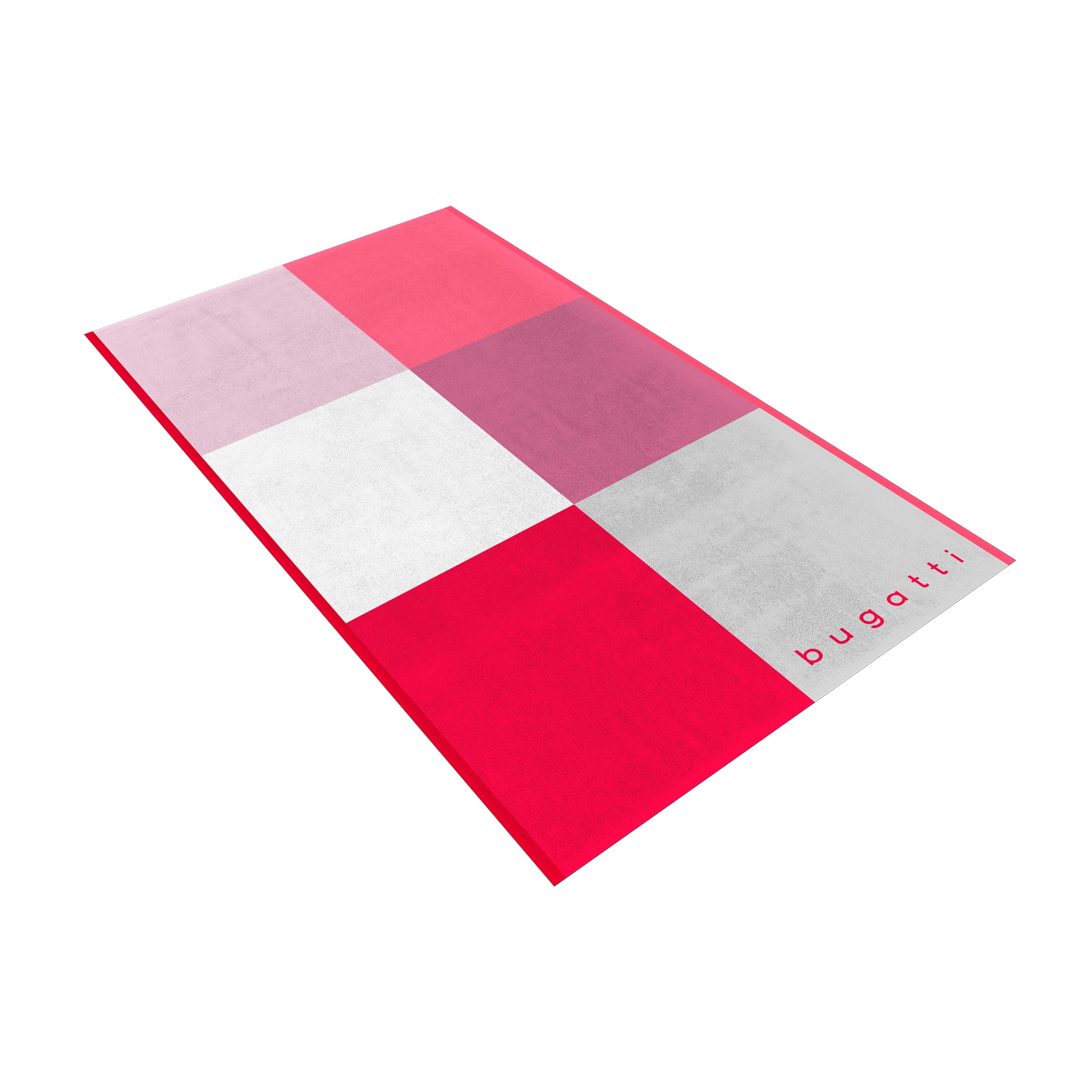 Buntes Badetuch in Rot- und Pinktönen mit bugatti-Logo, geometrisches Design, Büstenbild.