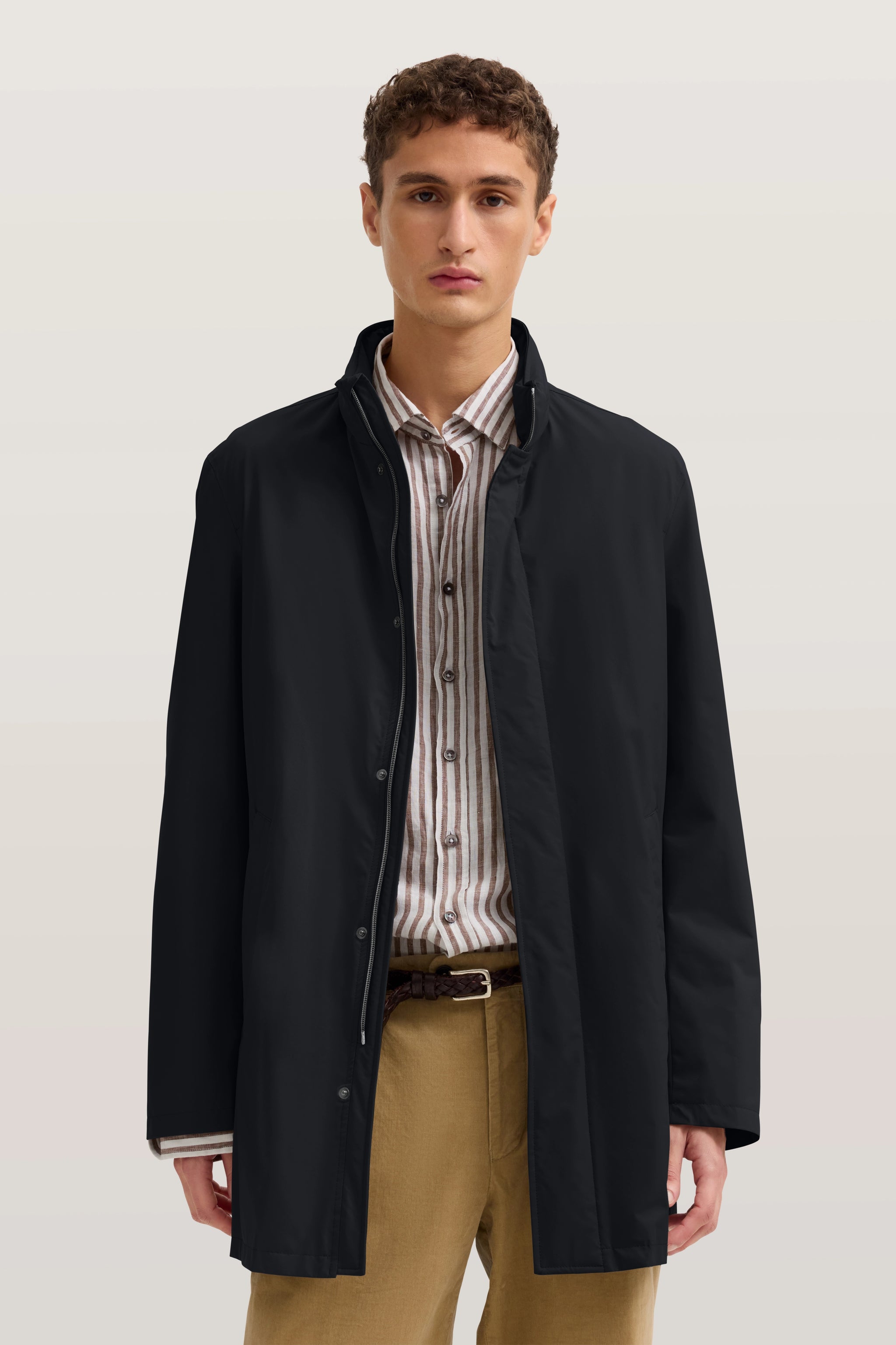 Functional coat with stand-up collar and concealed zippers in navy