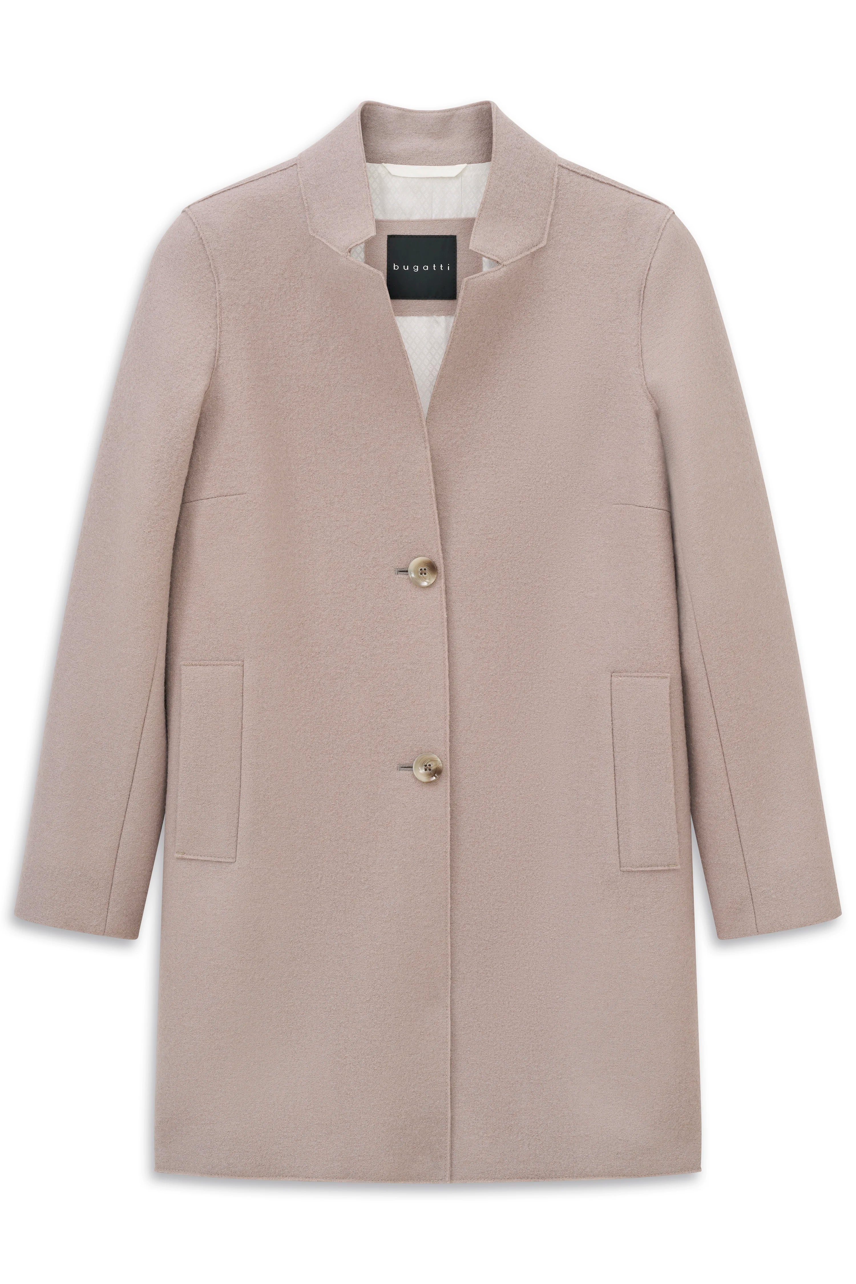 bugatti Damenmantel in Beige, eleganter Einreiher mit Knöpfen, Büstenbild.