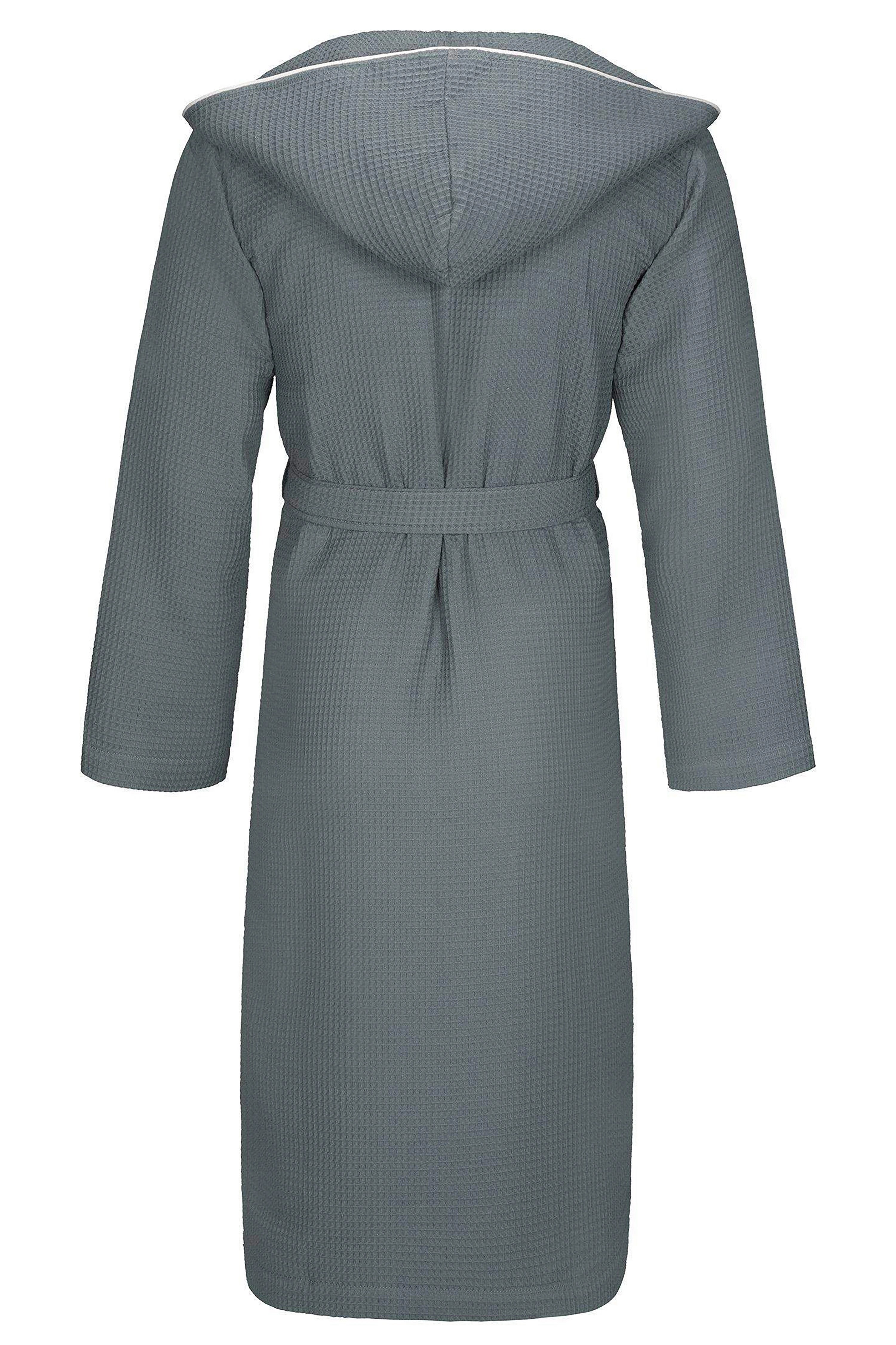 Gray bugatti waffle-textured hooded bathrobe, back view.