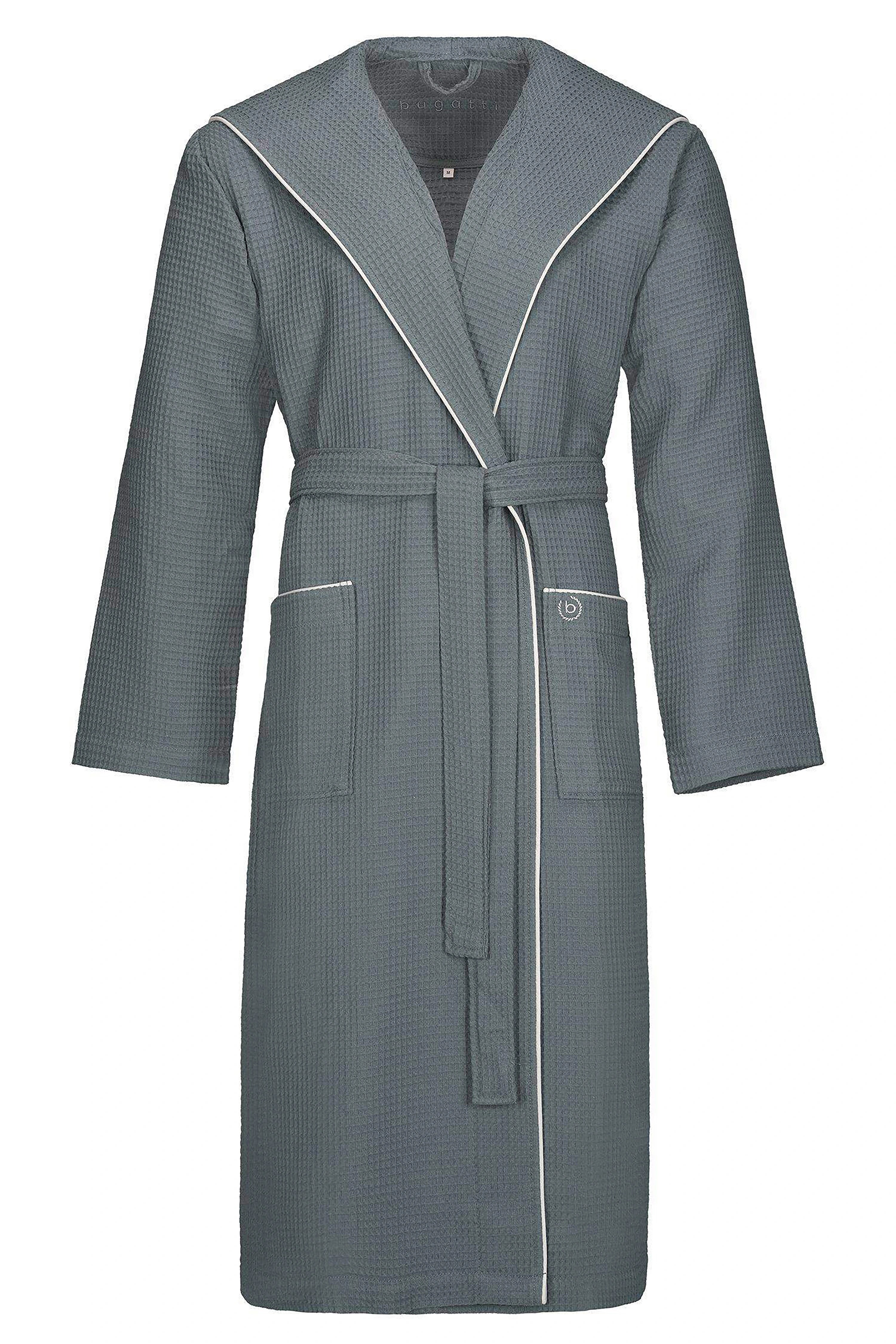 Gray bugatti waffle robe with white piping, bust view.