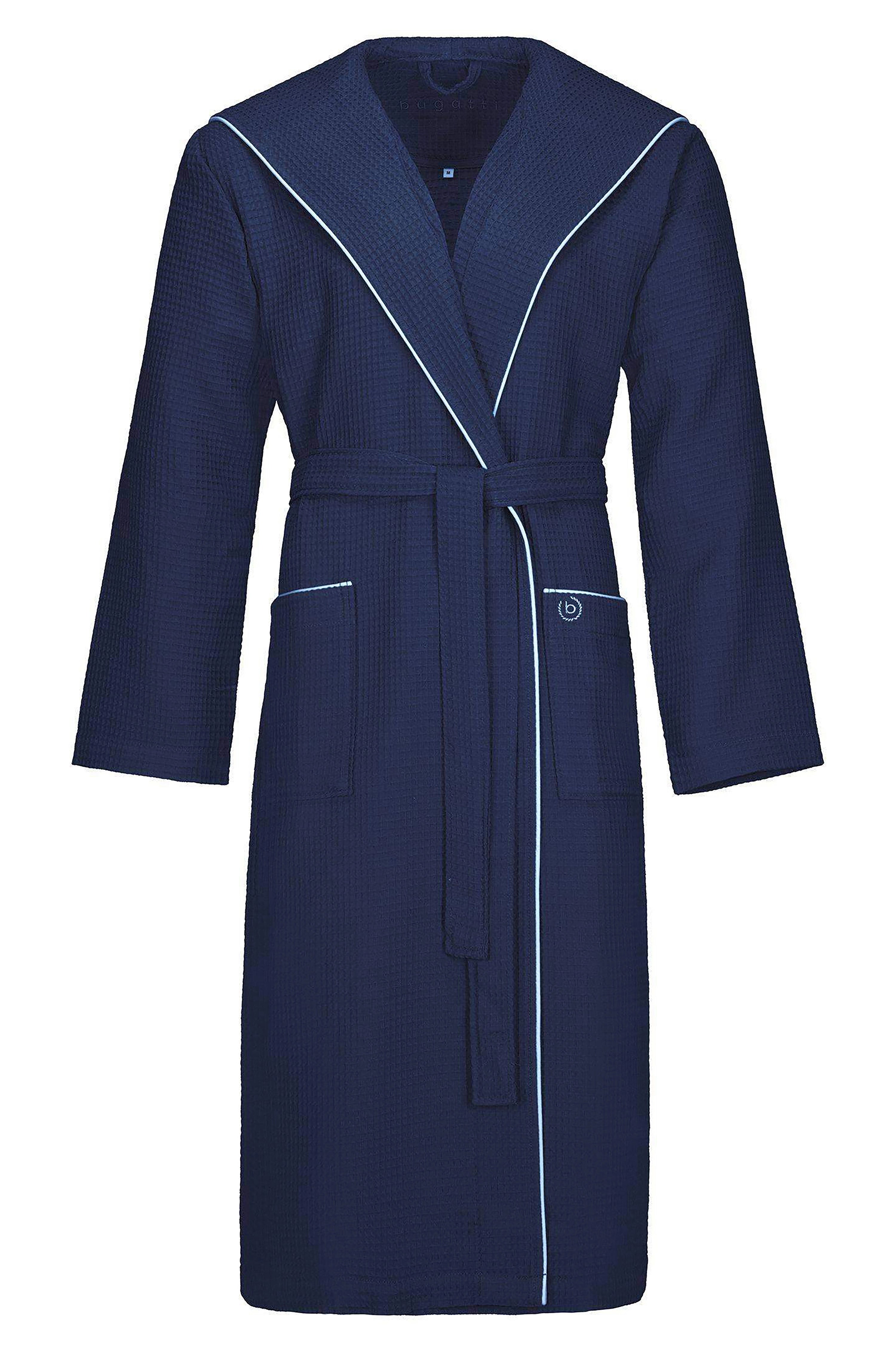 bugatti blue bathrobe with white trim, bust view.