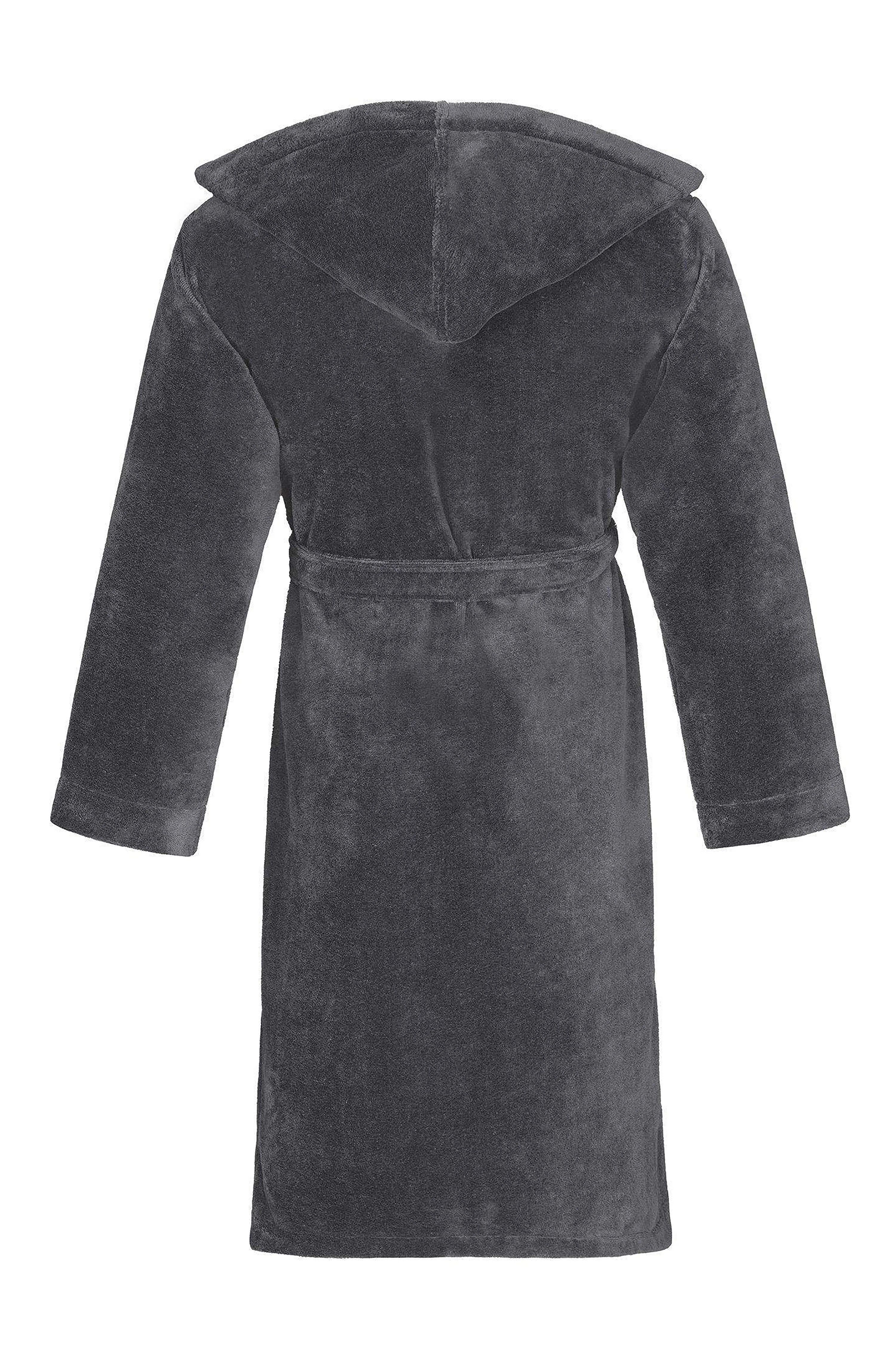 Gray bugatti bathrobe with hood, casual style, back view.