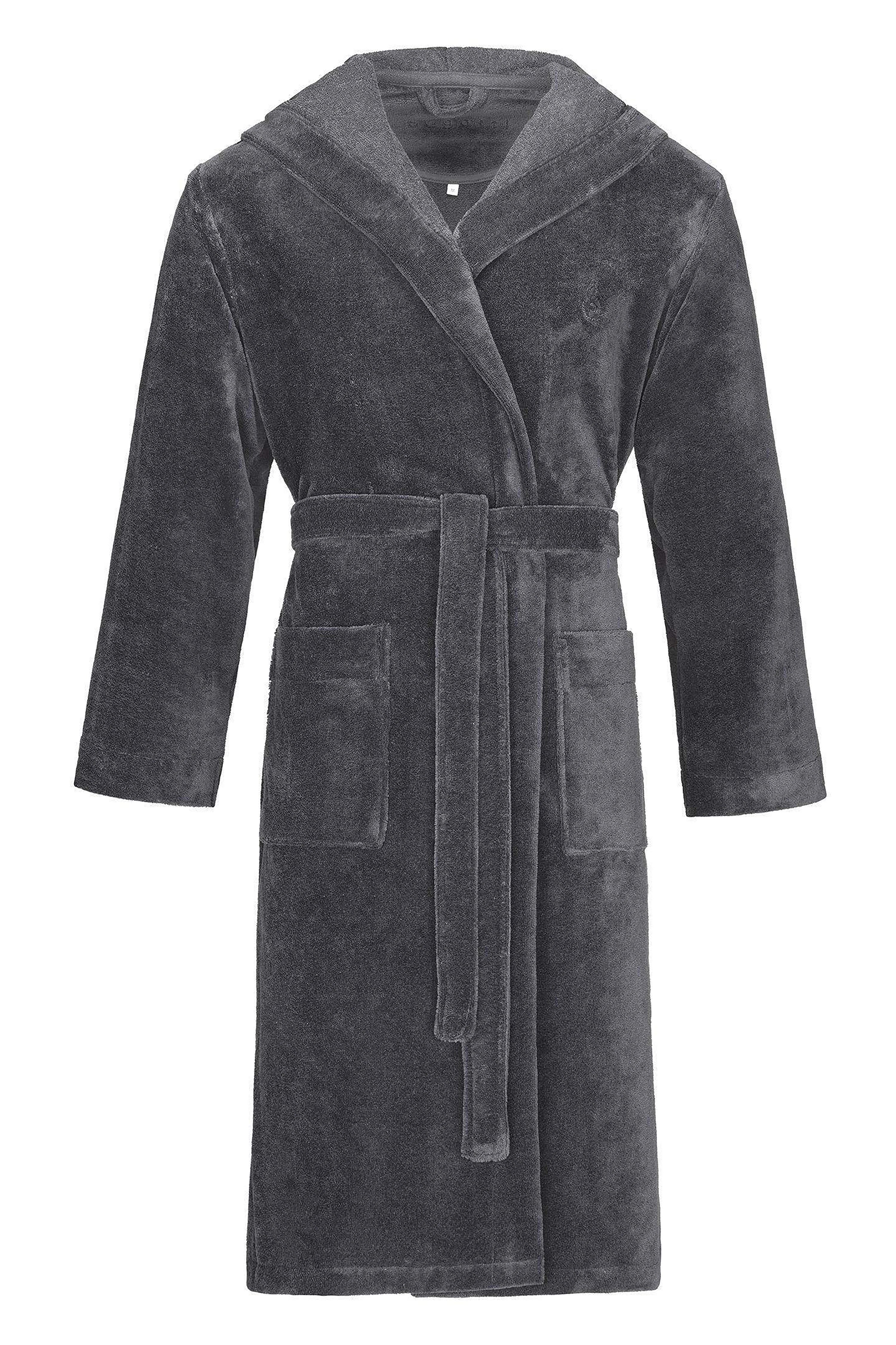 Gray terry bathrobe by bugatti, relaxed fit with hood and belt.
