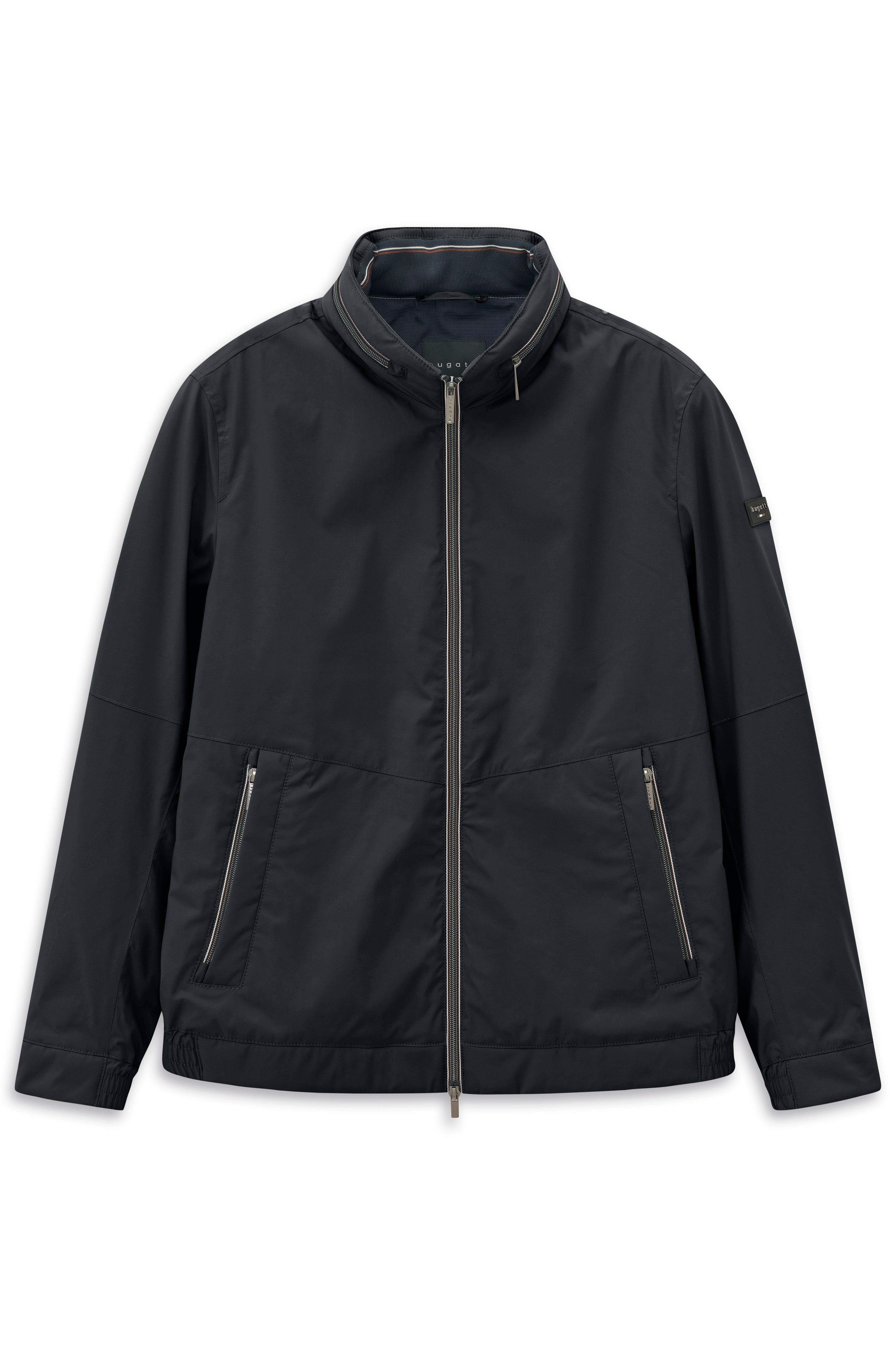 Schwarze bugatti Jacke, sportlich-elegant, mit Reißverschluss, Büstenbild.
