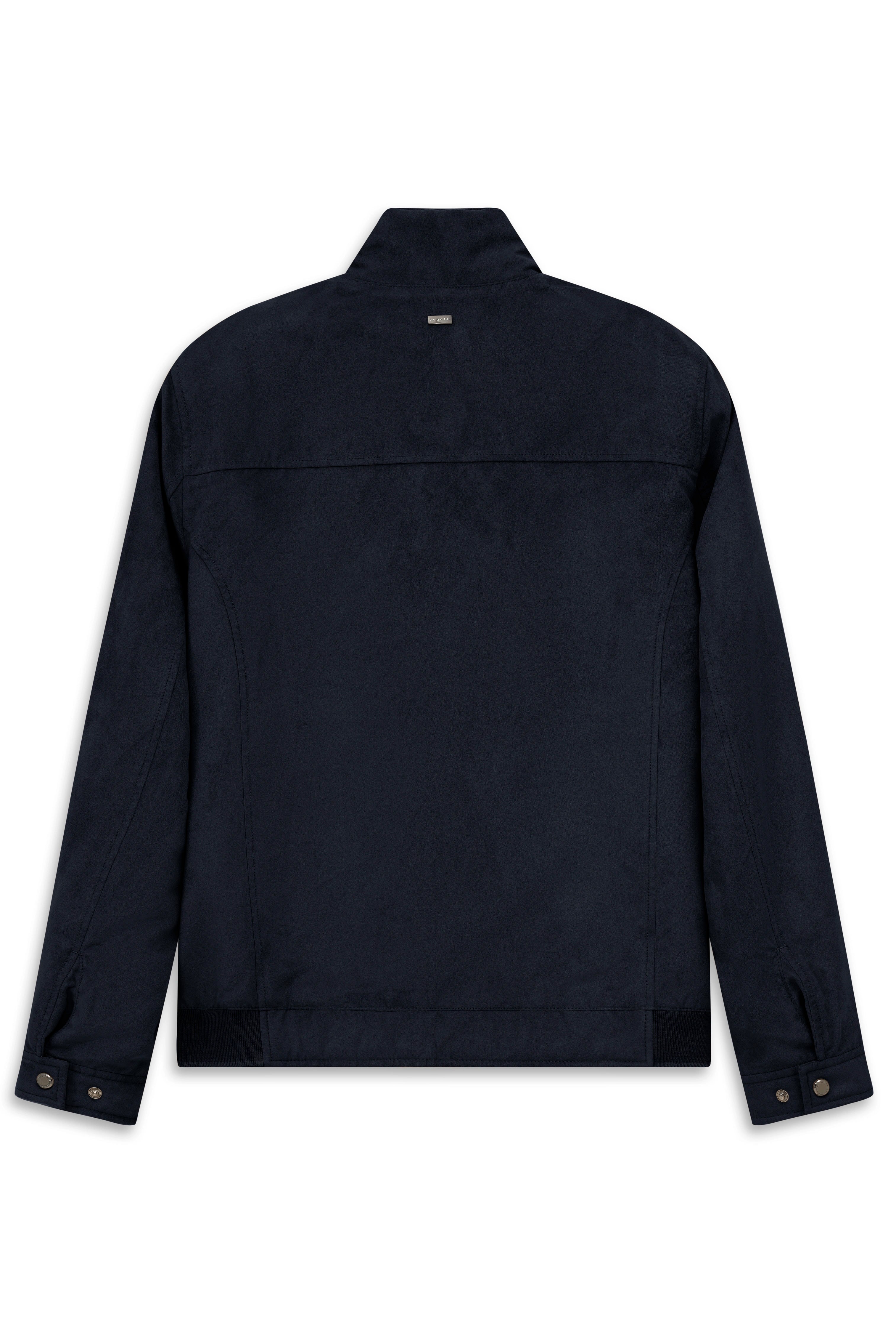 Navy blaue bugatti Jacke, Legerbild, Rückansicht mit Stehkragen und Knopfdetails.
