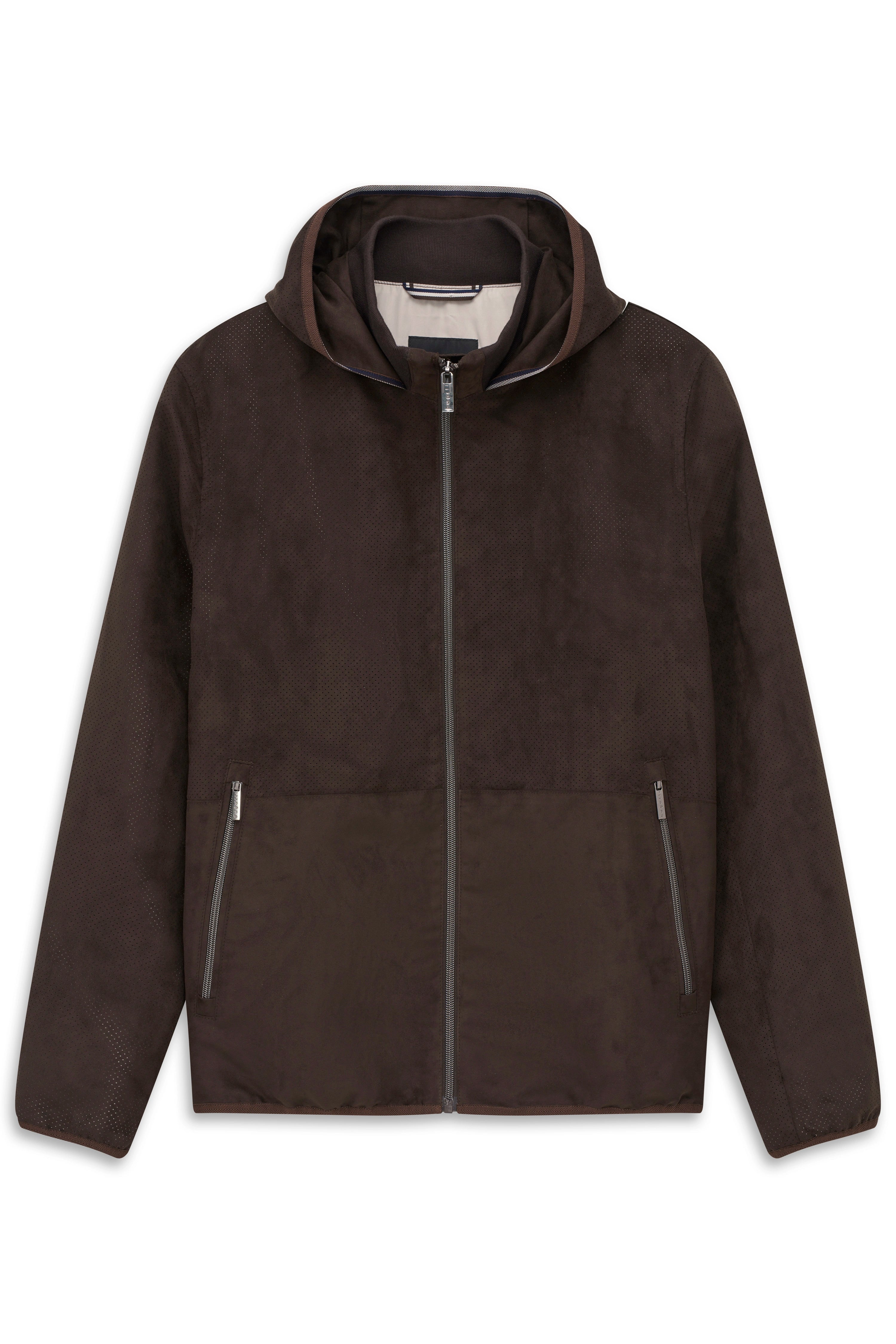 Dunkelbraune bugatti Jacke mit Kapuze und Reißverschluss, Büstenbild.