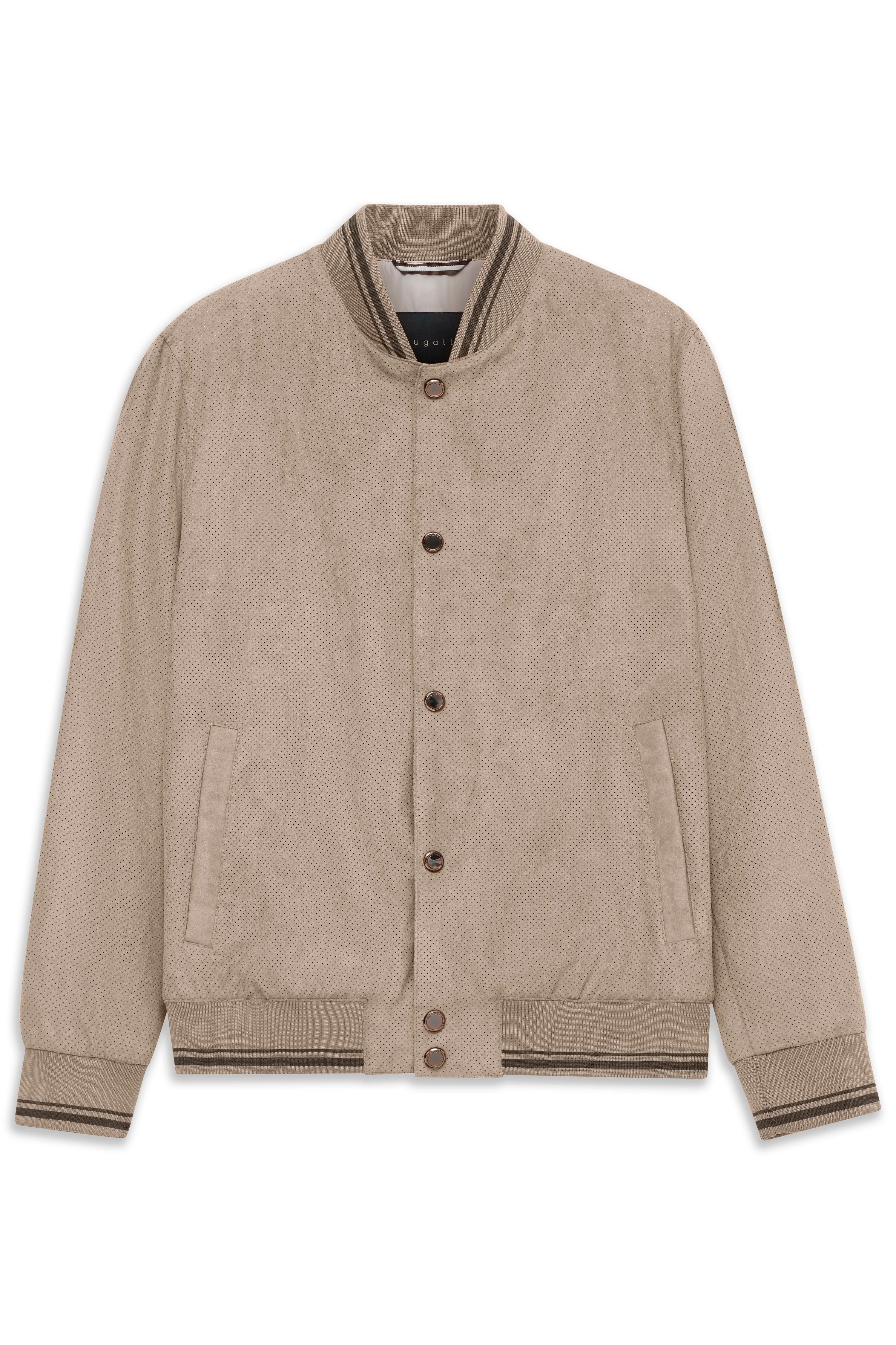 Beige bugatti Bomberjacke mit Knöpfen und gestreiftem Kragen, Büstenbild.