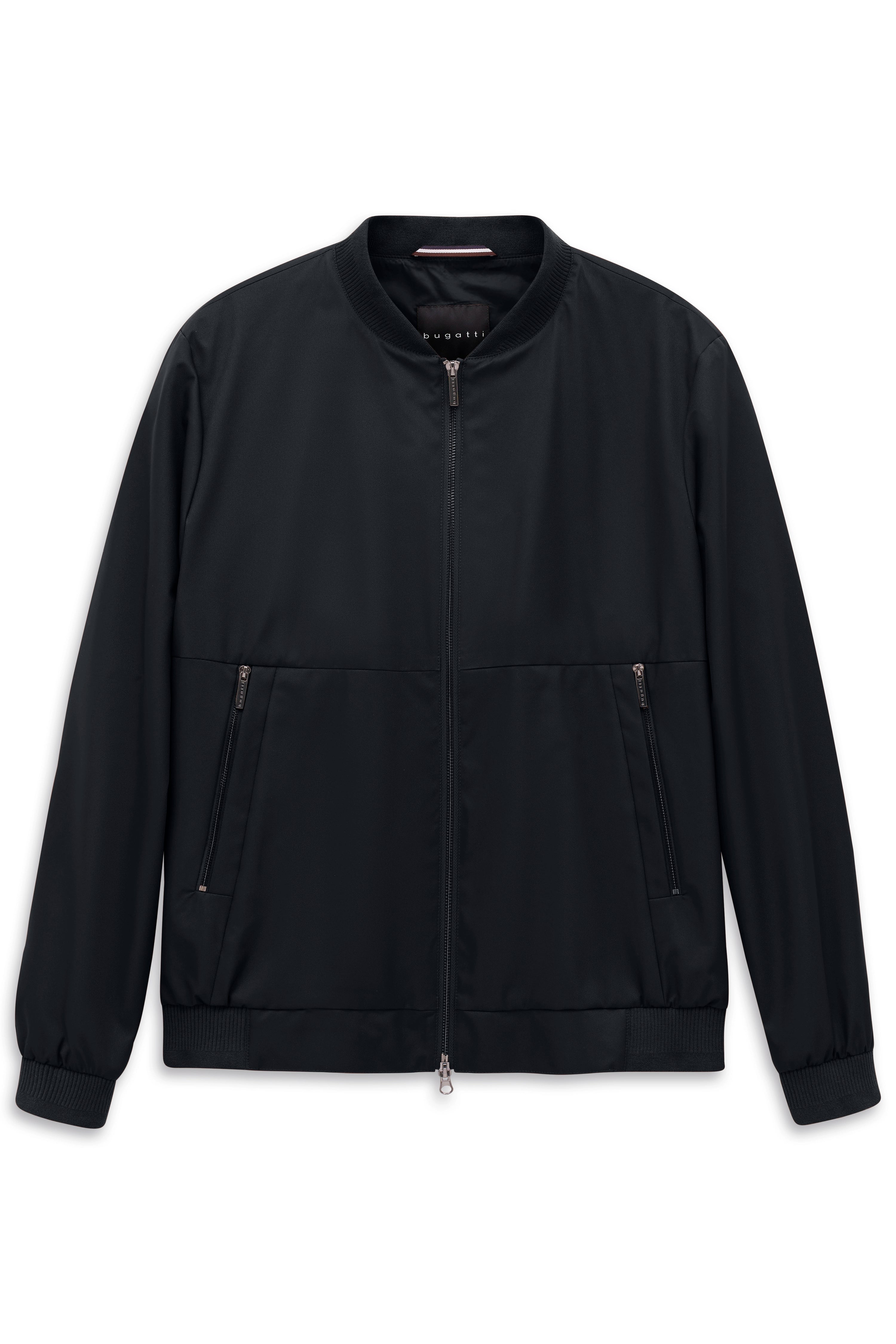 Schwarze bugatti Bomberjacke, Büstenbild, Reißverschlüsse, zeitloser Stil.