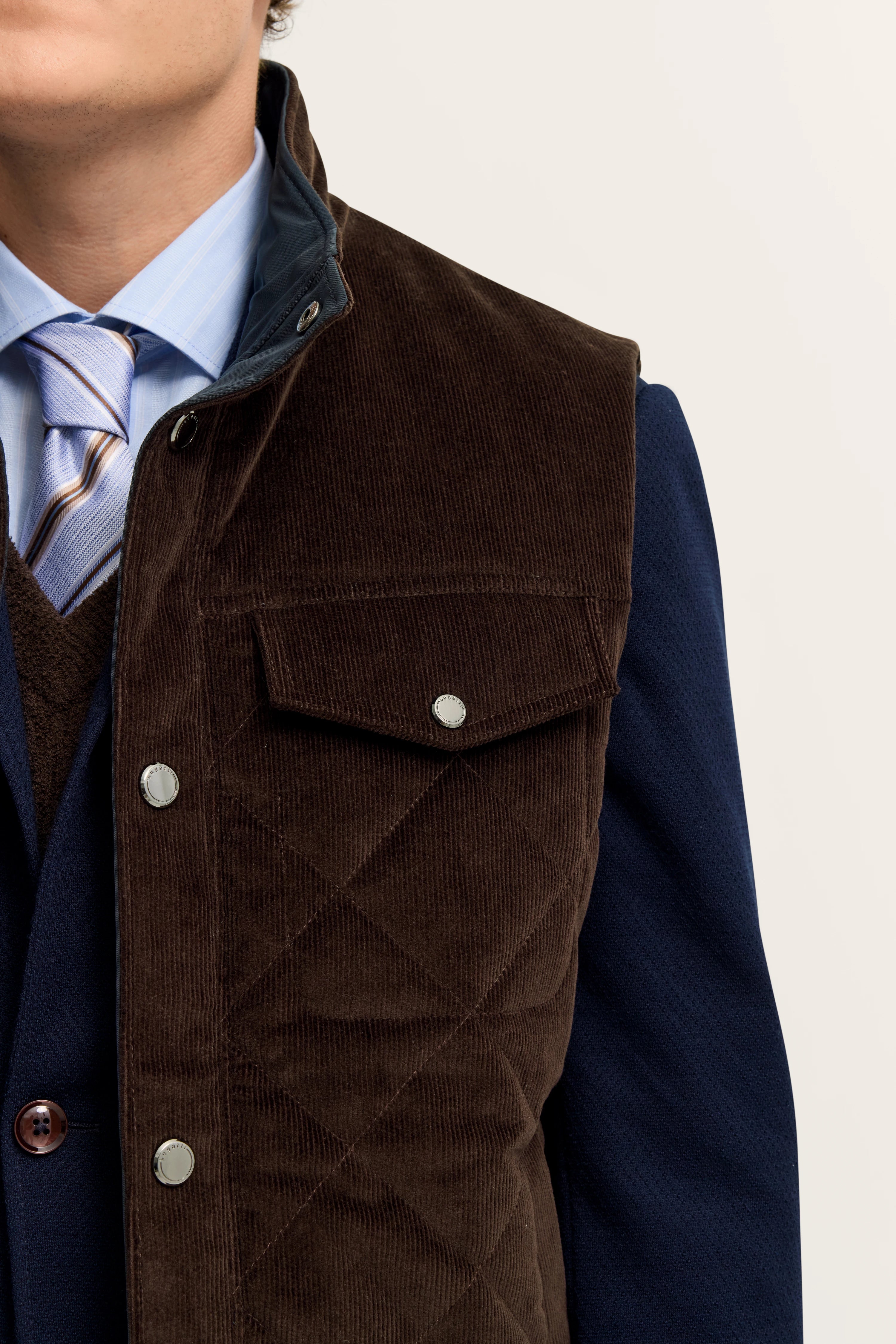 Rückansicht eines Modelbilds mit brauner, gesteppter Weste, blauer Jacke, weißer Hose, beigefarbener Kappe.