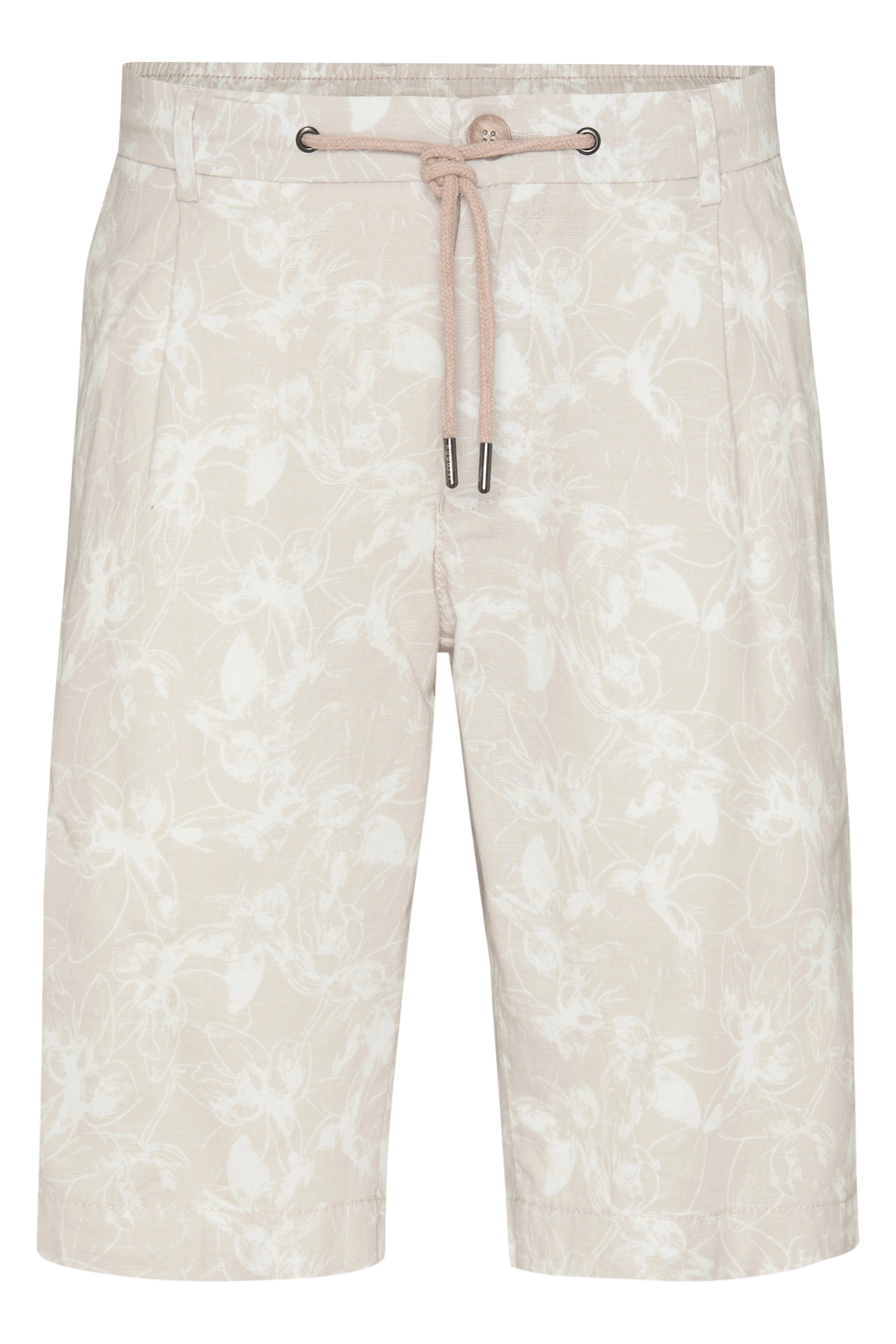 beige bugatti shorts with floral pattern, casual bust shot.