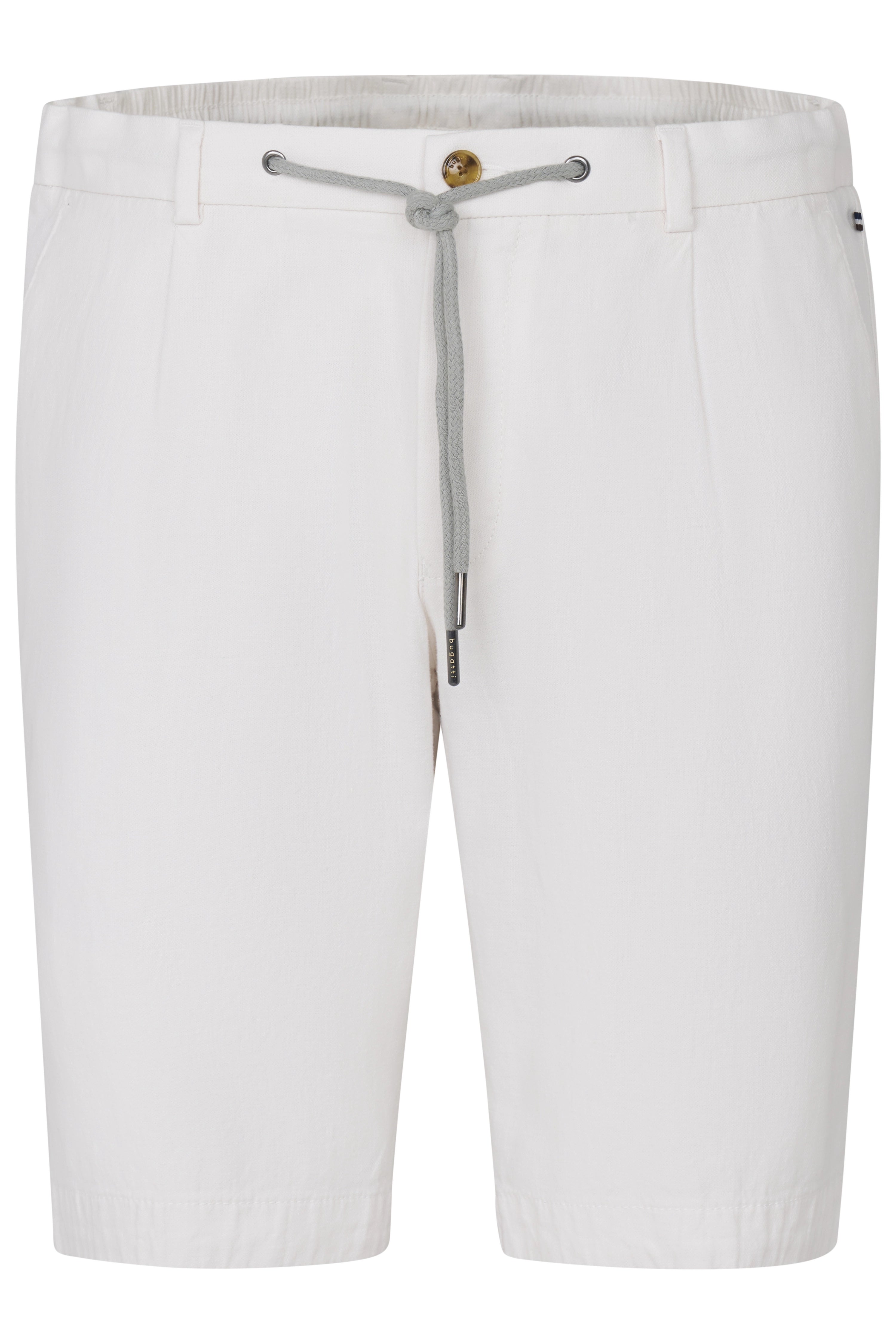 Weiße bugatti Shorts mit grauem Kordelzug, Produktbild.