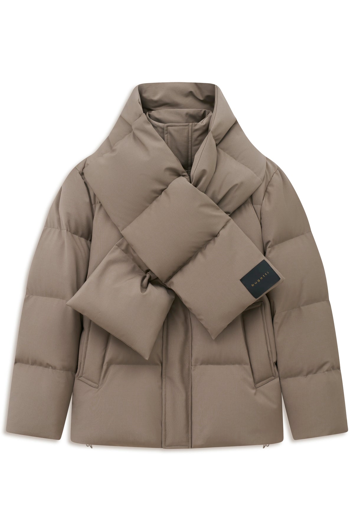 Damen-Daunenjacke in Taupe mit großem Kragen, Büstenbild, bugatti-Label.