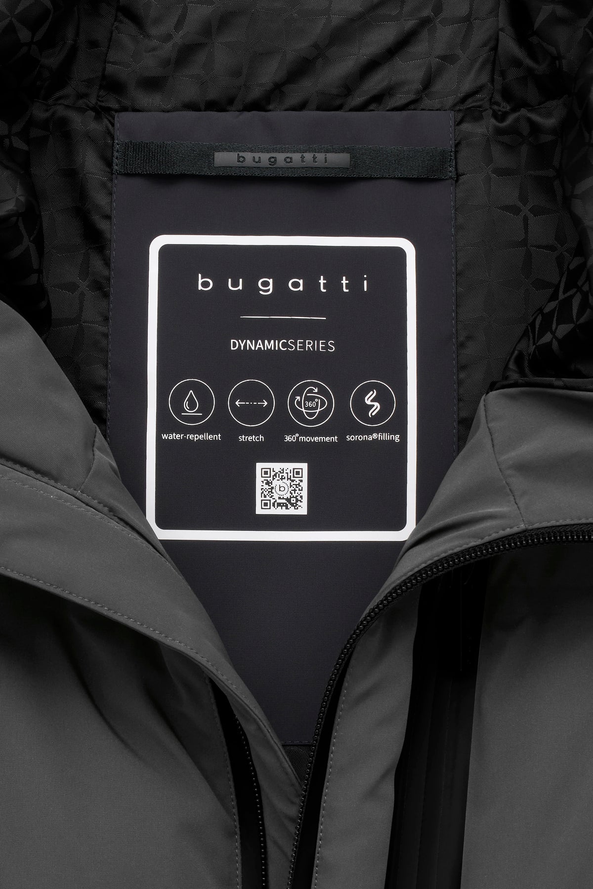 bugatti DynamicSeries Jackeninnendetail in Grau, wasserabweisend, stretch, 360° Bewegungsfreiheit.