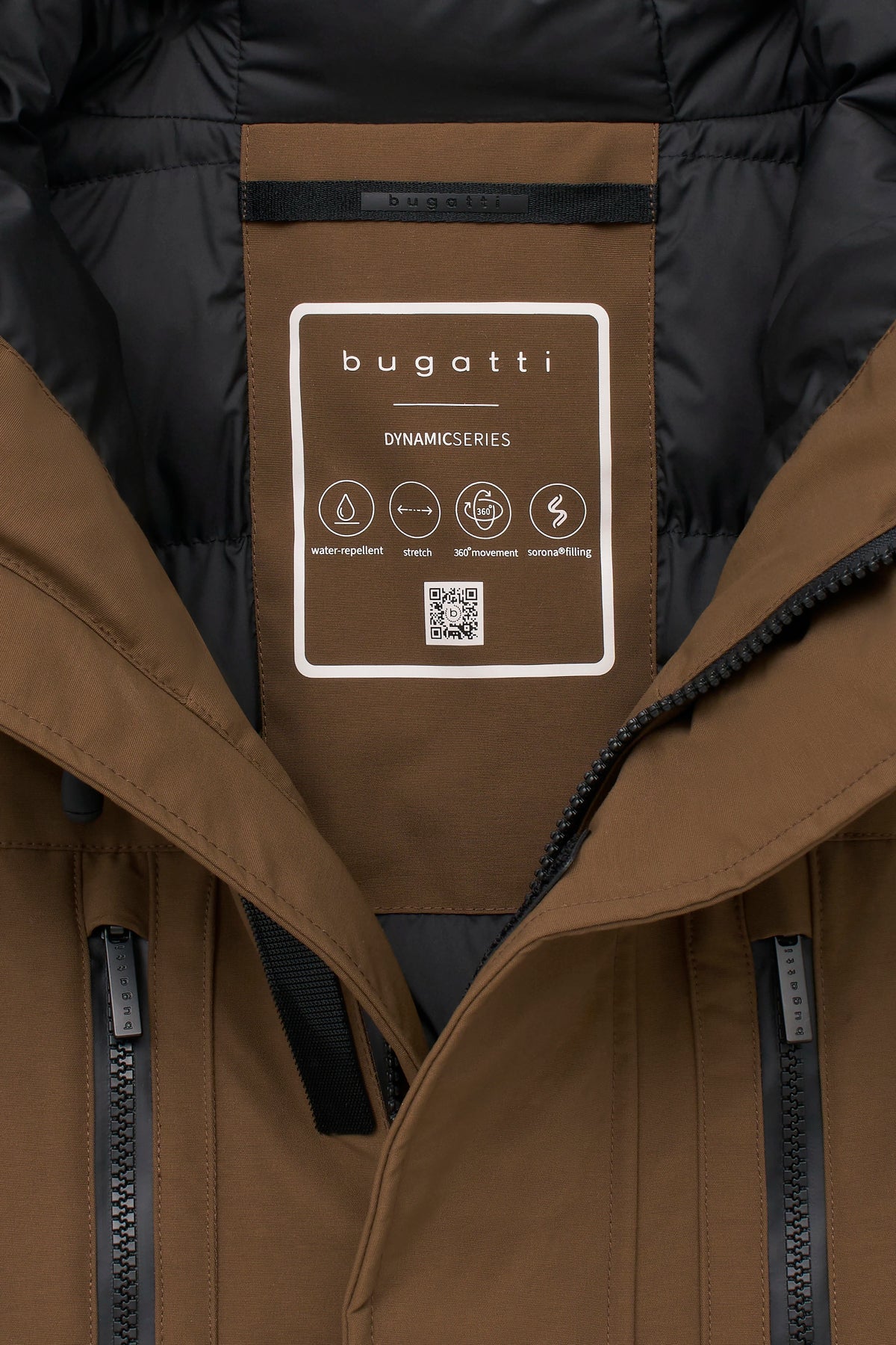 Braune bugatti-Jacke, Detailansicht der Innenetiketten, wasserabweisend, stretch, 360° Bewegung.