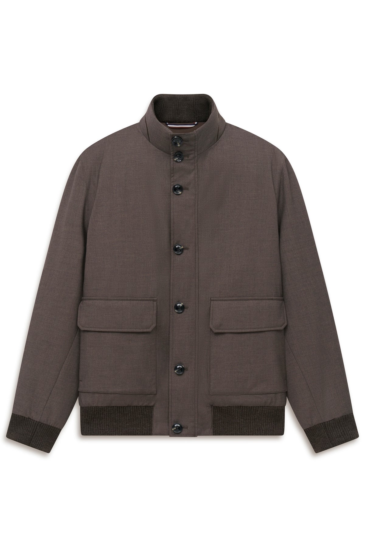 Braune bugatti Jacke, Stehkragen, Büstenbild, Knopfleiste, zwei Taschen, zeitloses Design.