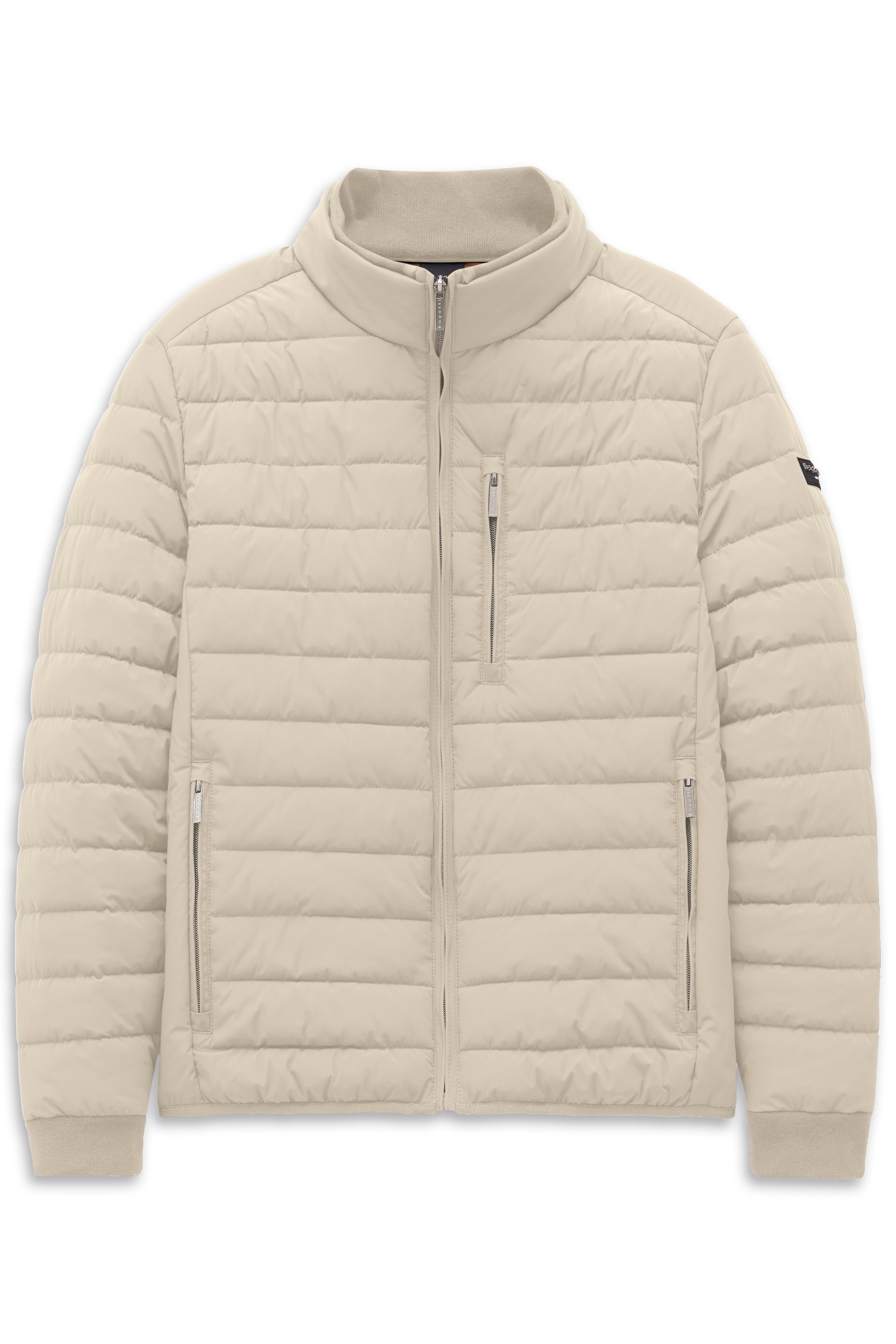 Beige Steppjacke von bugatti, Büstenbild, minimalistisches Design, Reißverschlüsse, zeitlos elegant.