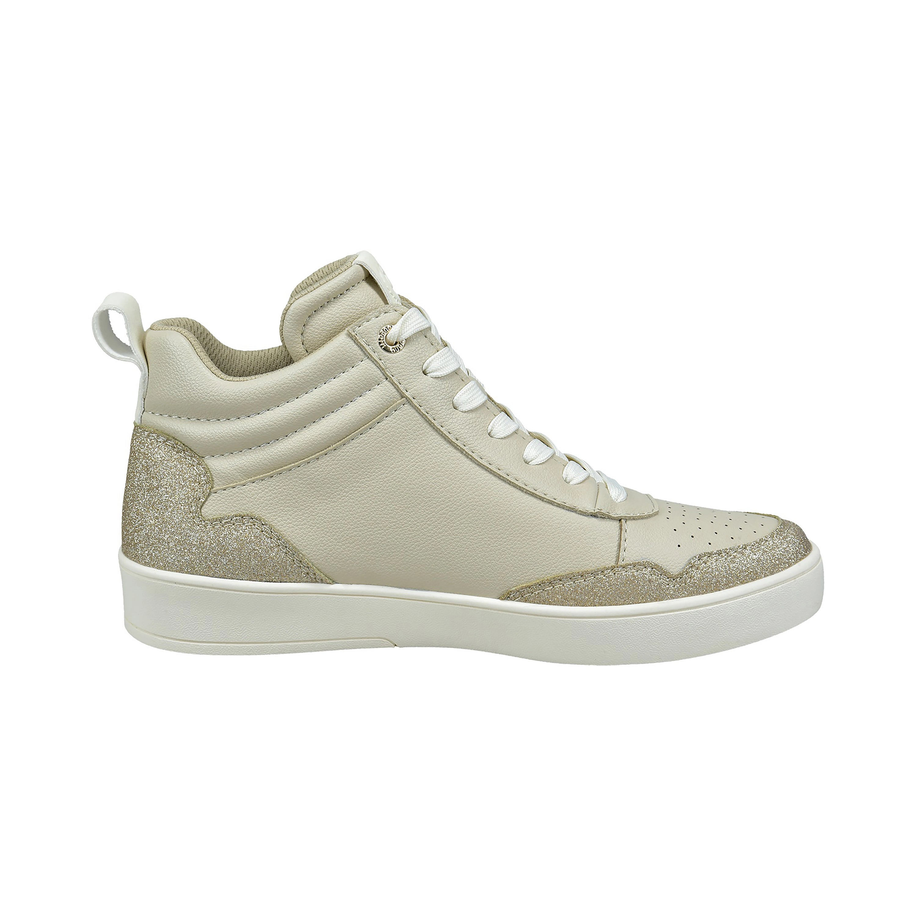 bugatti Sneaker in Beige mit Glitzer-Details, Büstenbild von der Seite, stilvoll und modern.