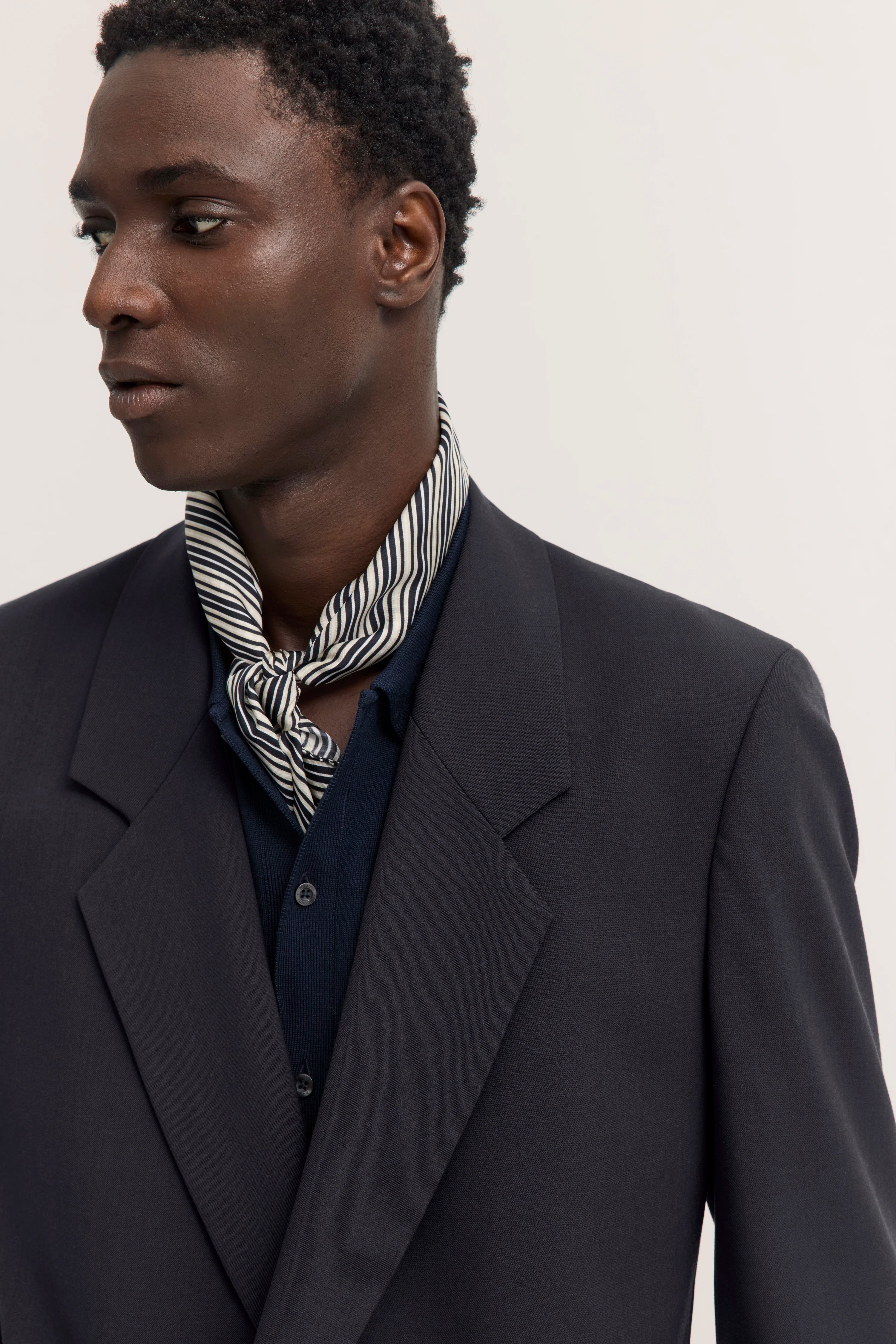 Büstenbild: Dunkler bugatti Blazer, gestreiftes Halstuch, navy Shirt.