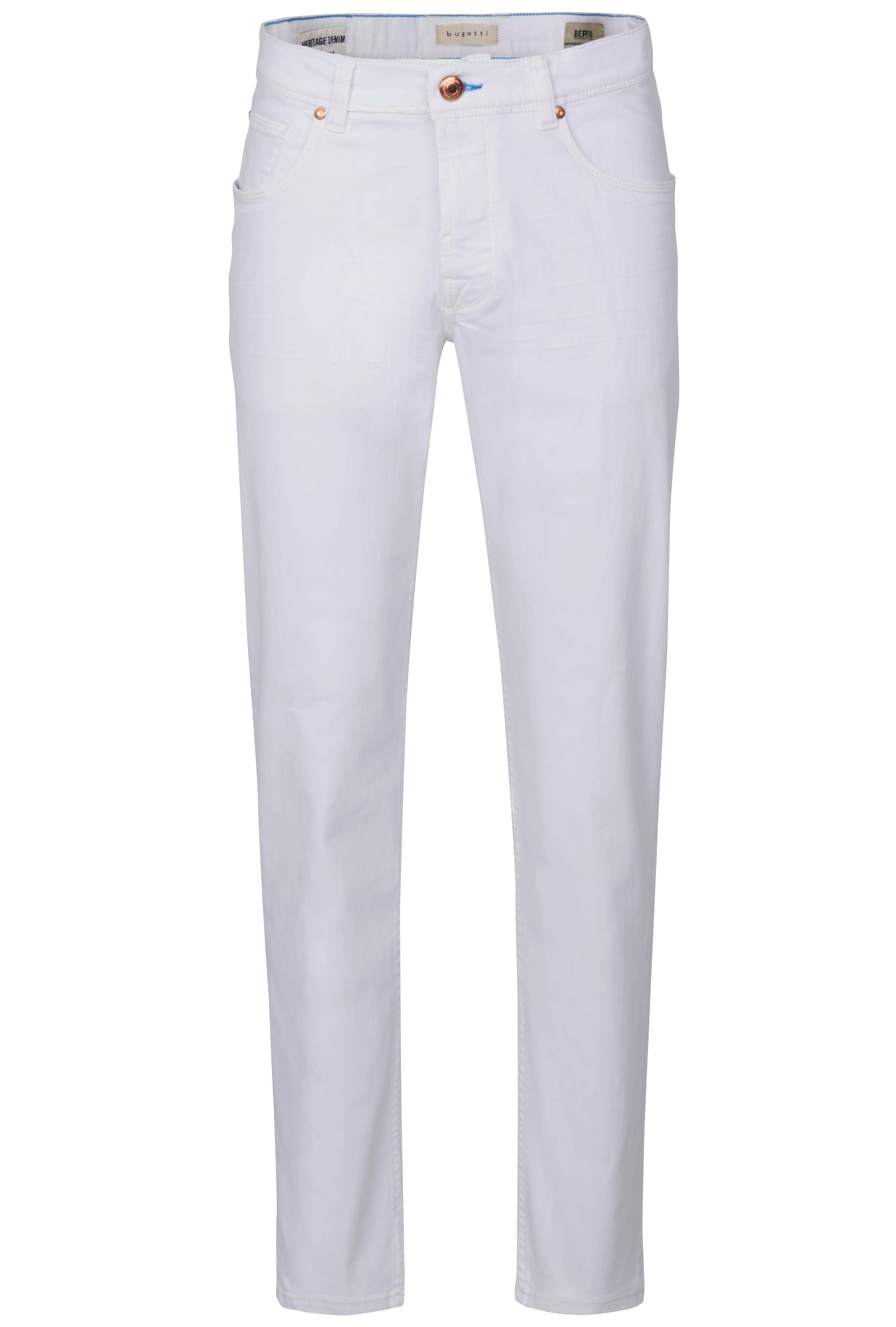Weiße bugatti Jeans, Büstenbild, stilvoll und zeitloses Design.