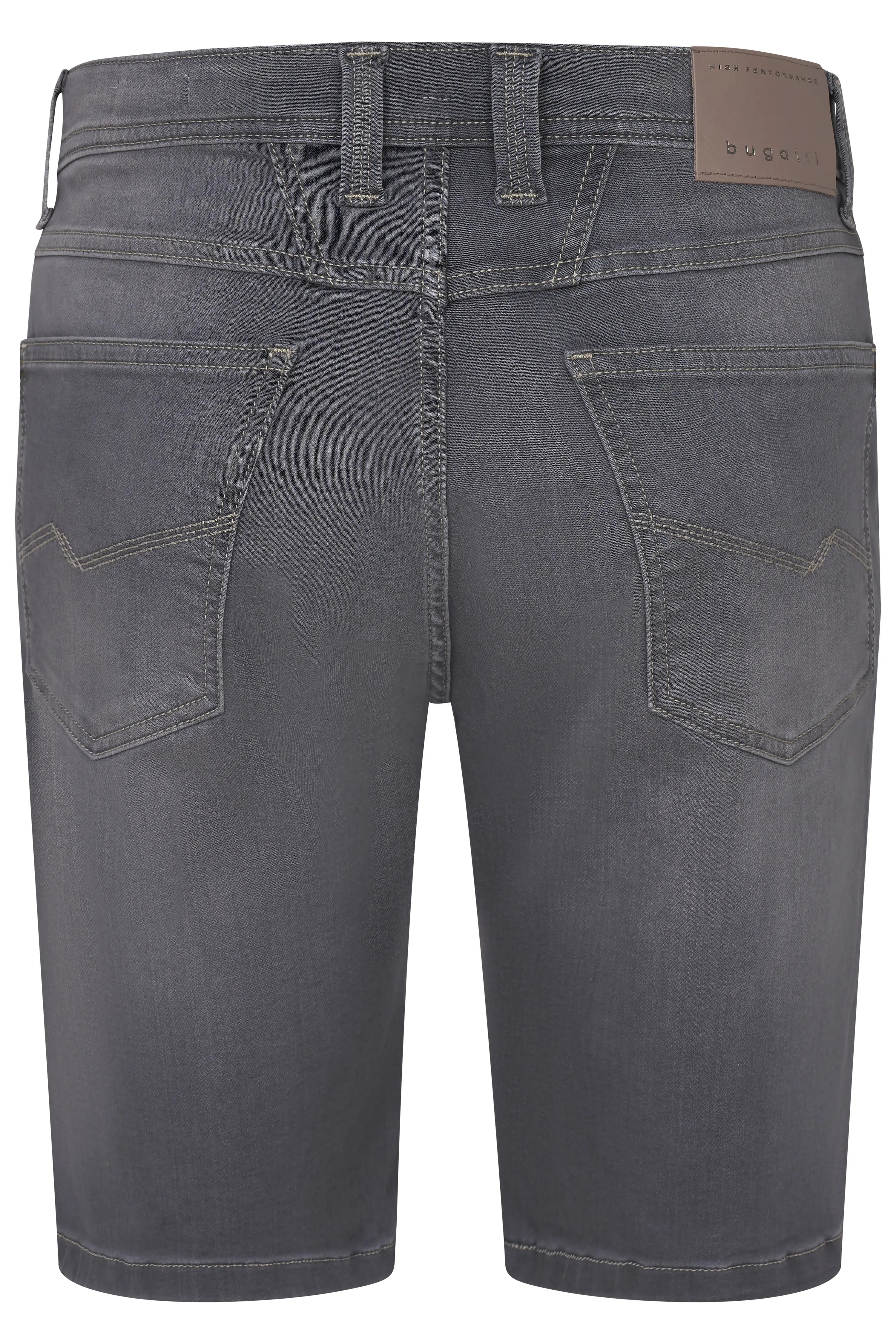 Grey bugatti denim shorts, back view, bust shot.