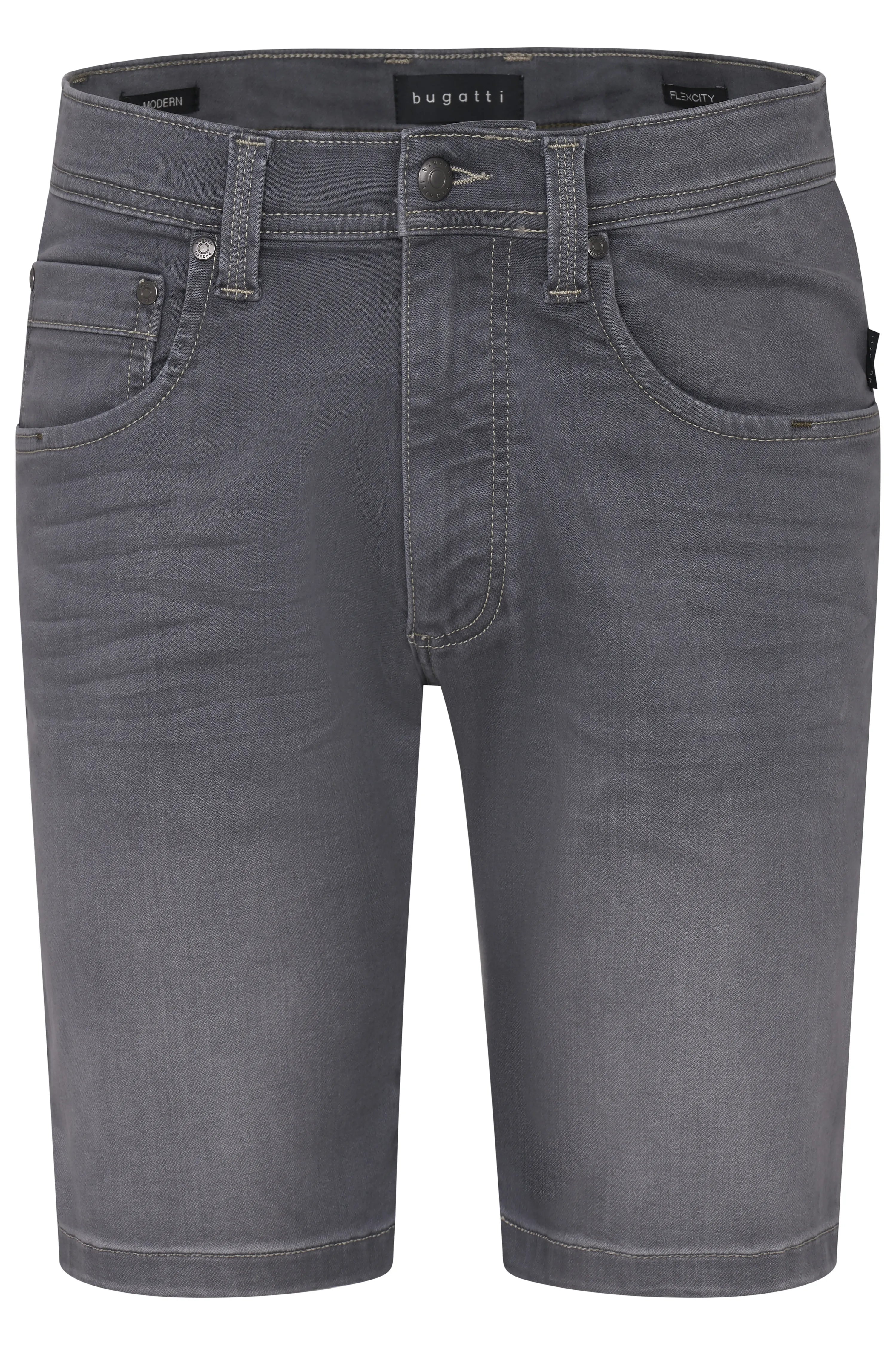 Graue bugatti Shorts, legeres Büstenbild, stilvoll und hochwertig.