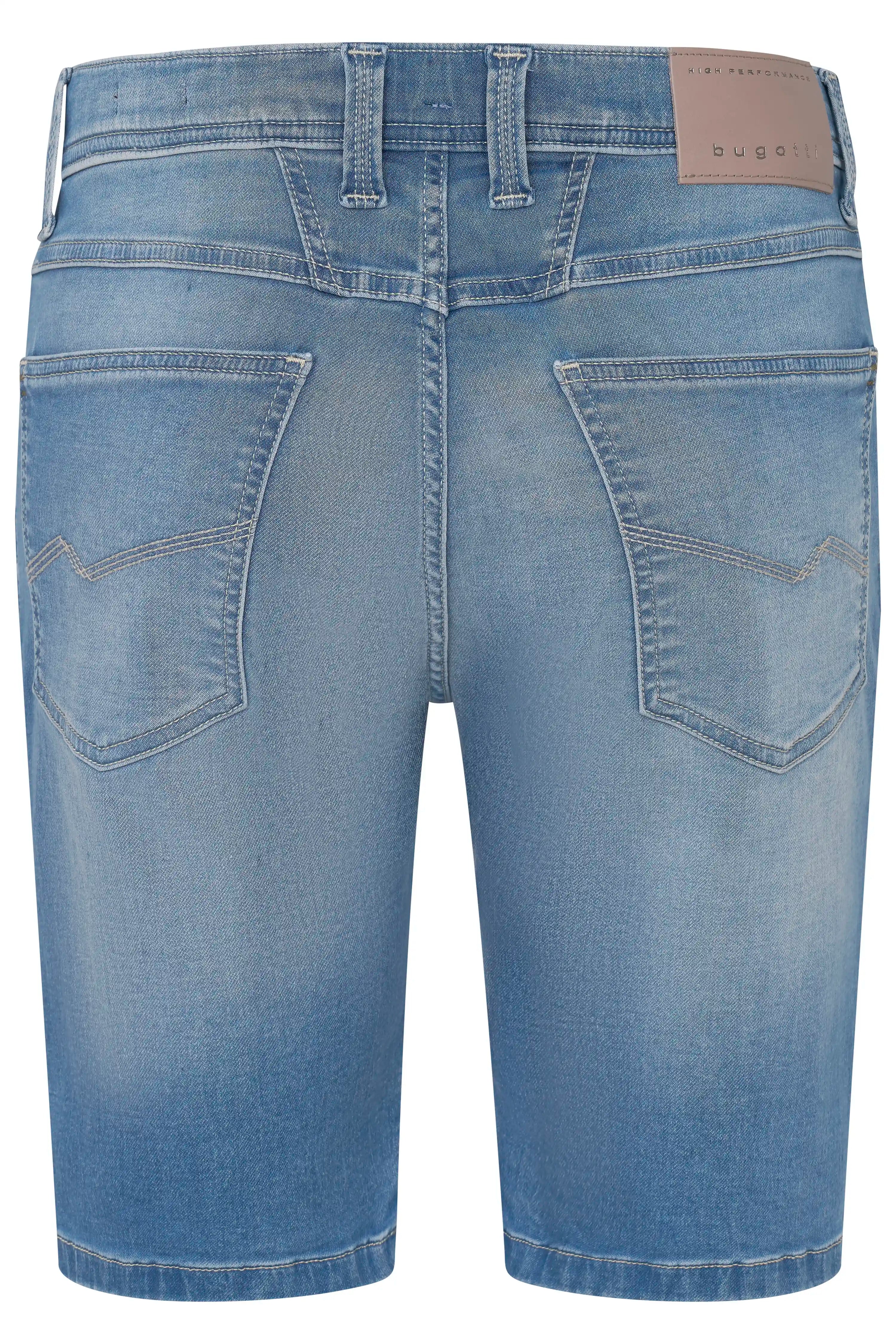 Light blue bugatti denim shorts, back view, no pattern, bust-length.