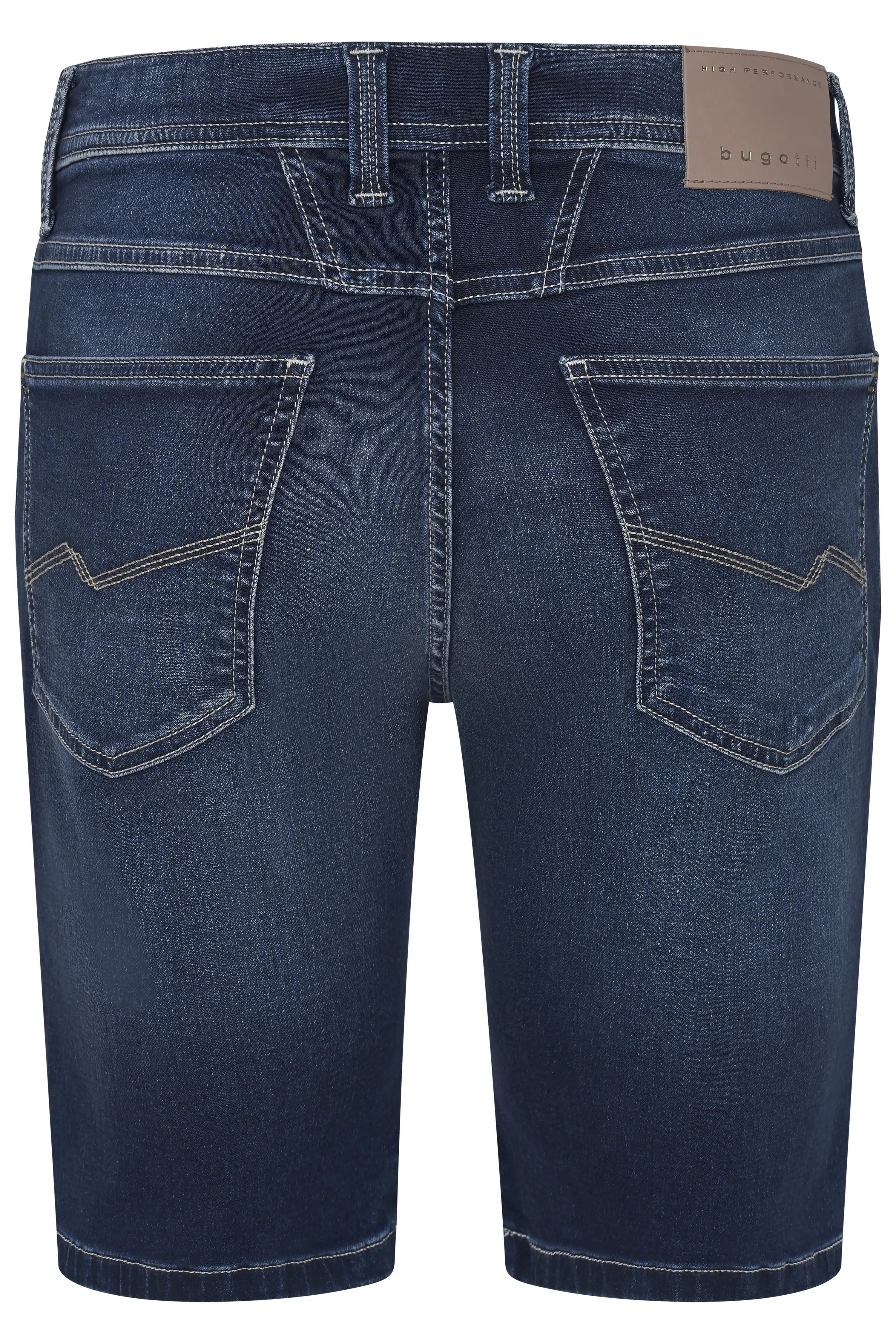 bugatti Jeansshorts in dunklem Denim, Rückansicht, legeres Büstenbild.