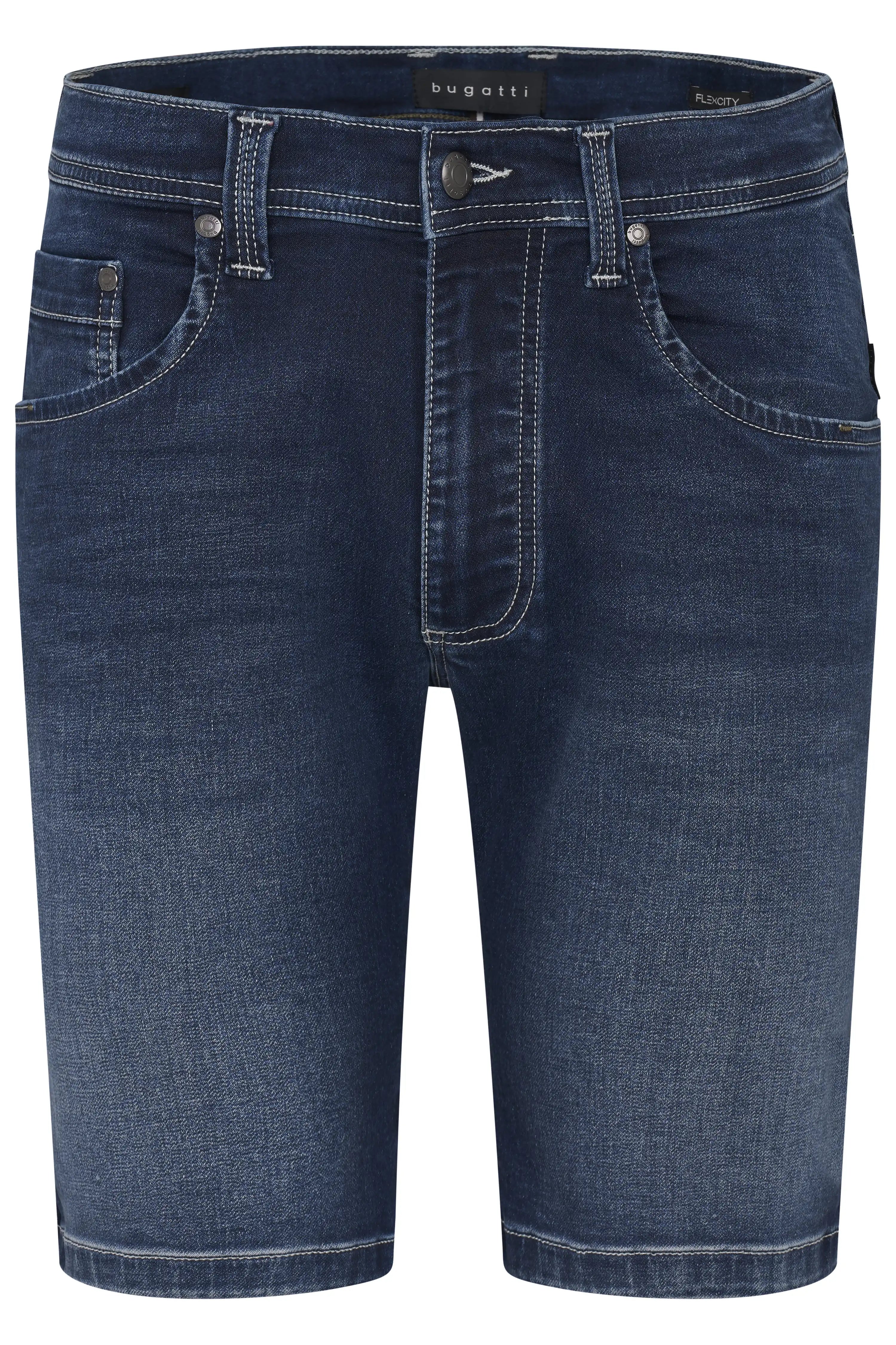 Dunkelblaue bugatti Jeansshorts, legeres Büstenbild, klassische Denim-Optik.