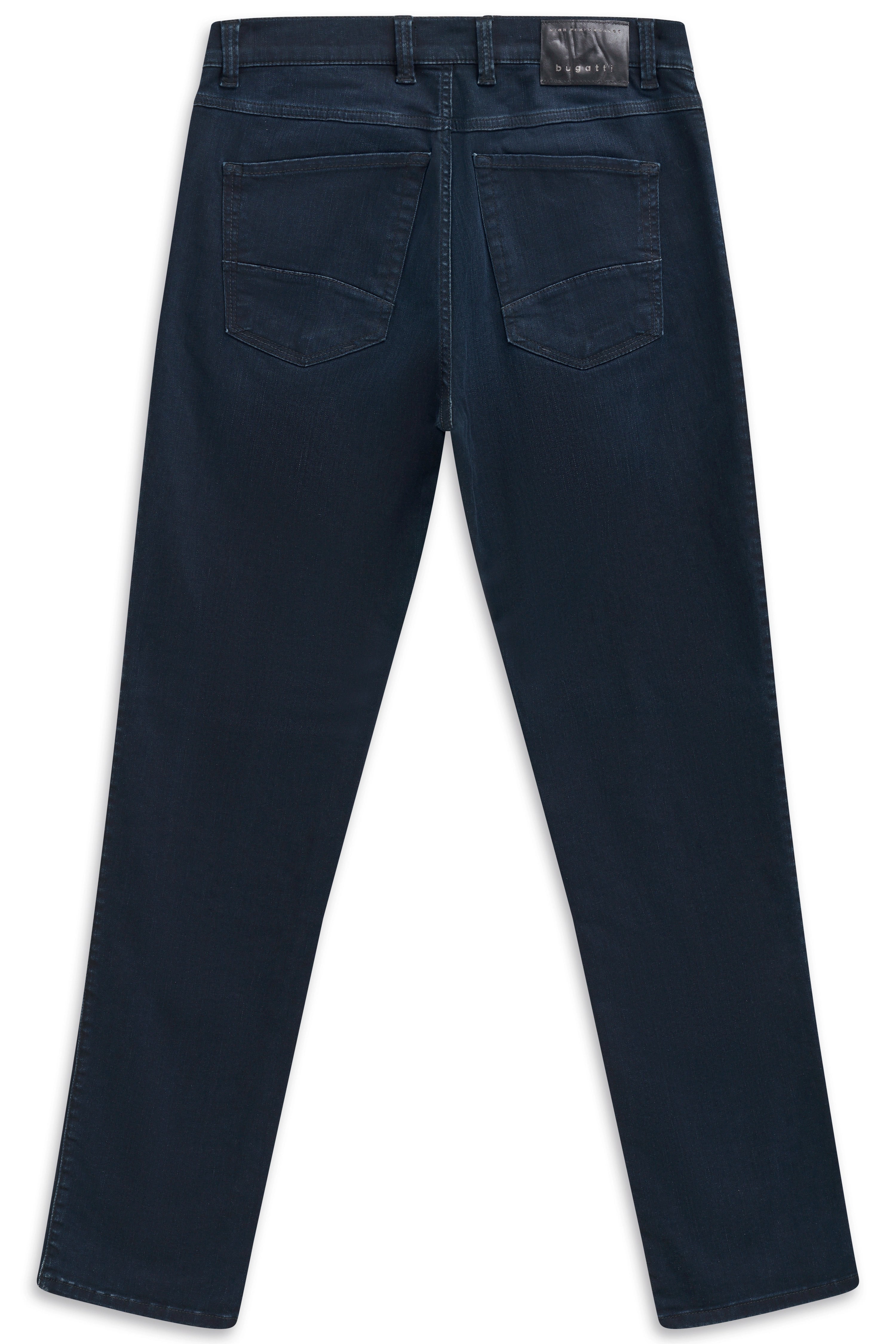 Dunkelblaue bugatti Jeans, Rückansicht, leger, zeitlose Eleganz und hoher Tragekomfort.