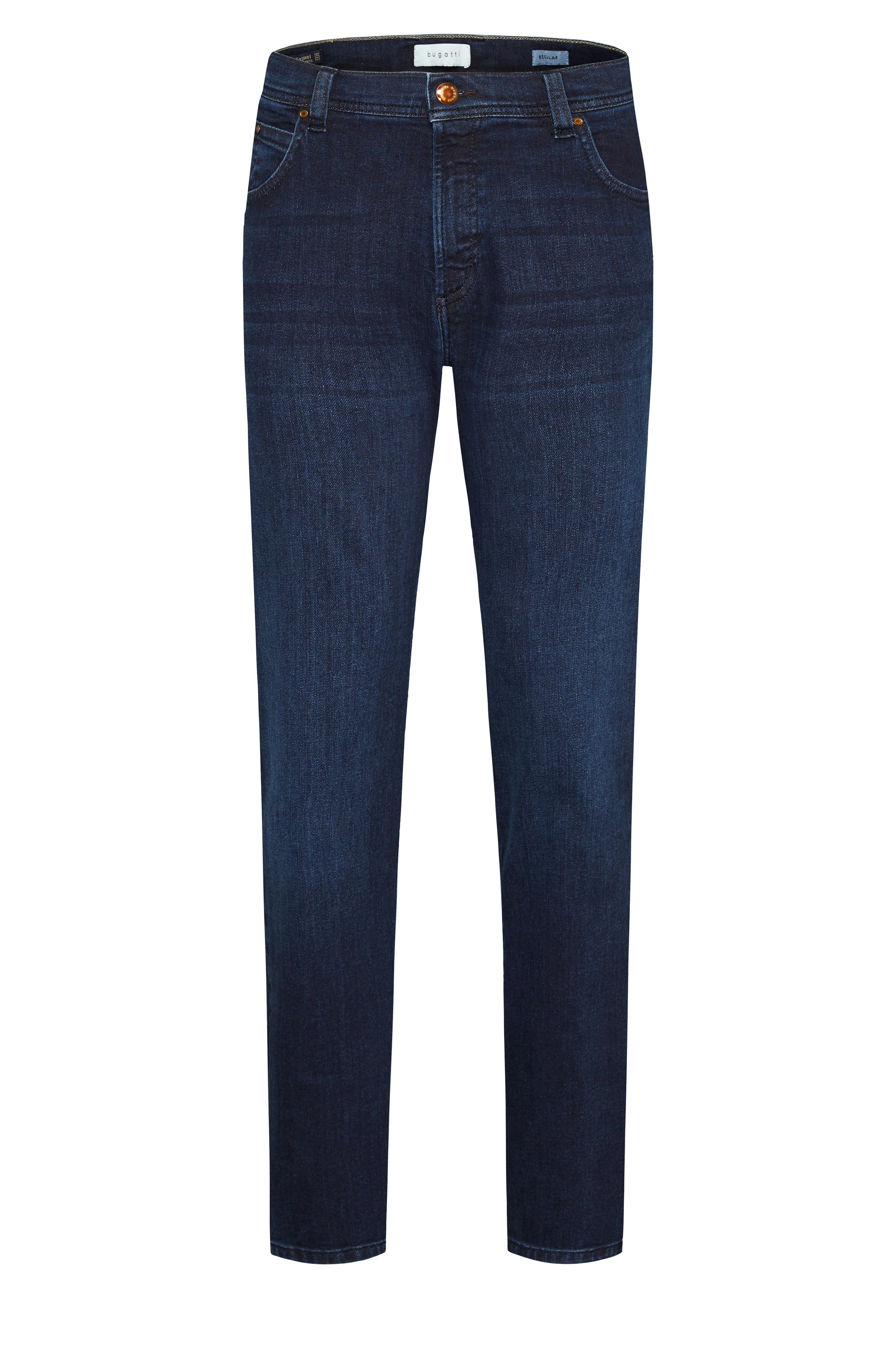 Dunkelblaue bugatti Jeans, leger geschnitten, Büstenbild, klassisches Design.