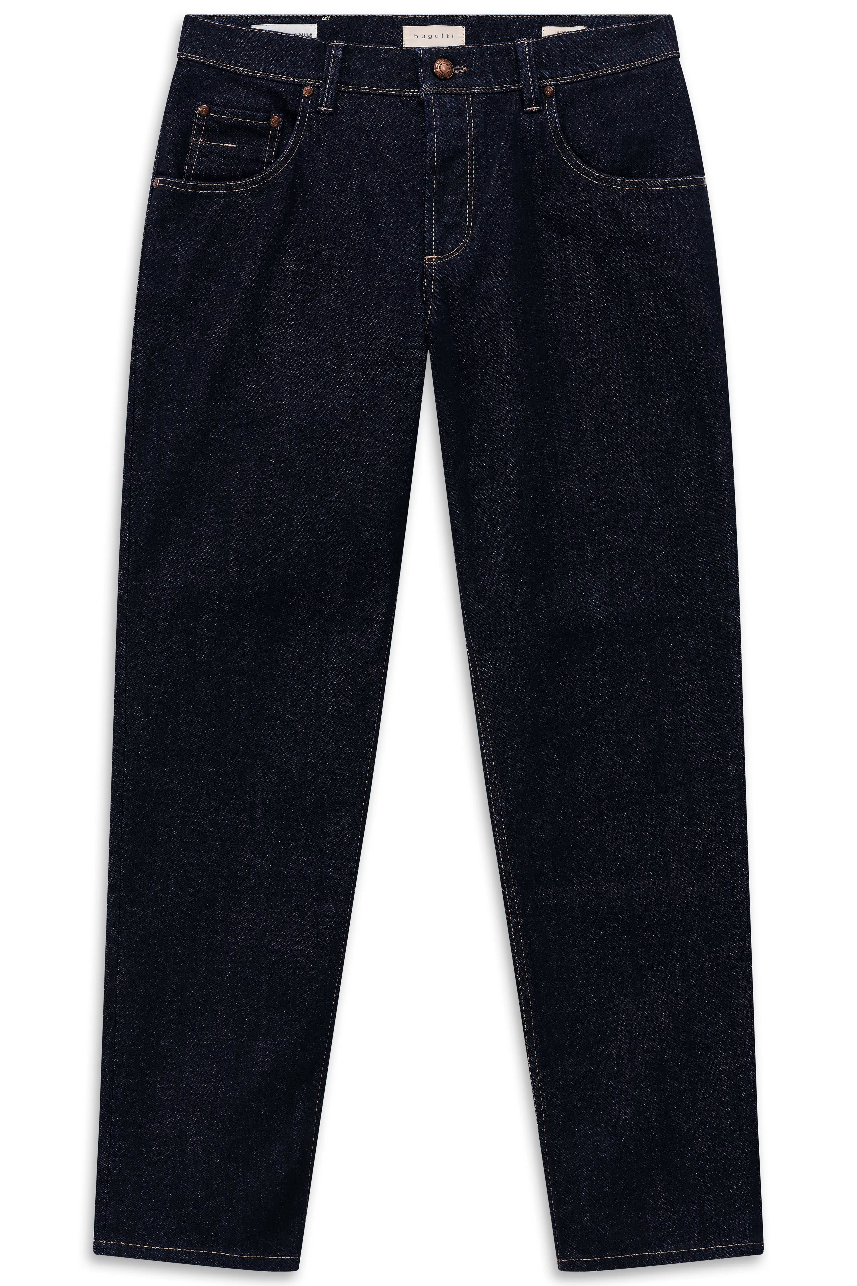 Dunkelblaue bugatti Jeans, klassisches Design, Büstenbild.