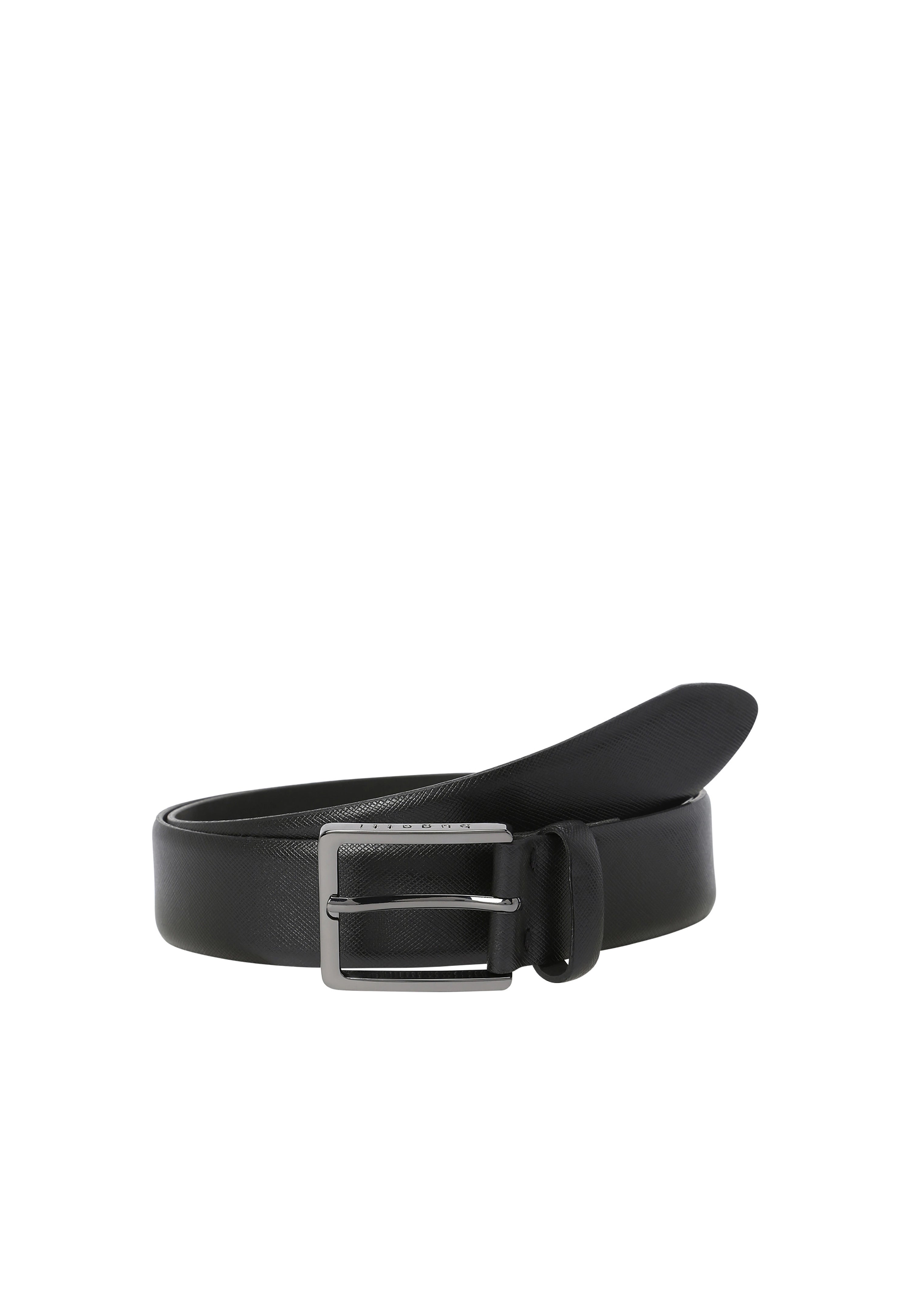 Zwarte bugatti leren riem met zilverkleurige gesp, elegant en tijdloos. Productafbeelding.